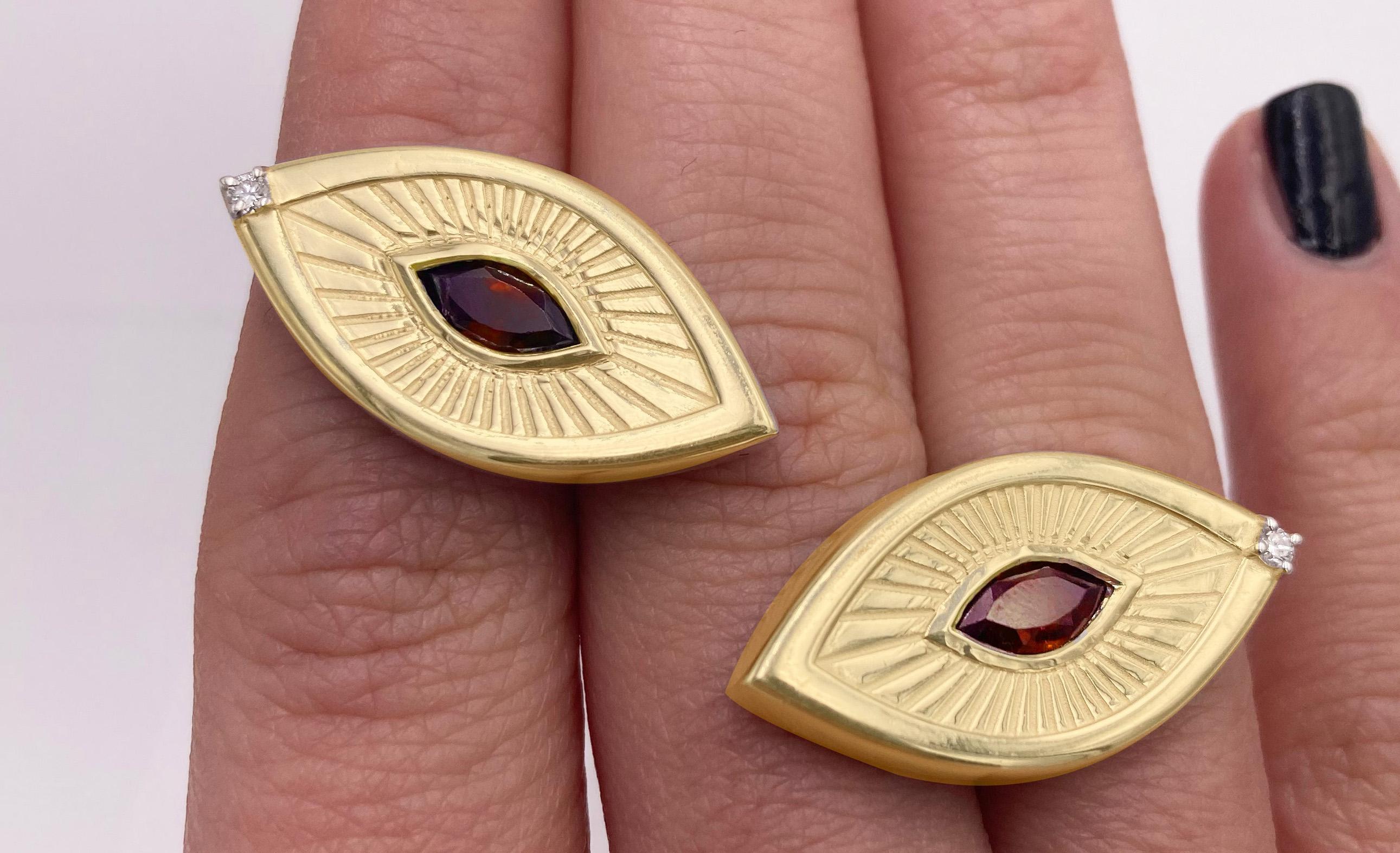 Eye Shape Victorian Sigh 18K White Gold Garnet Diamond Symbolist Earrings For Sale 2