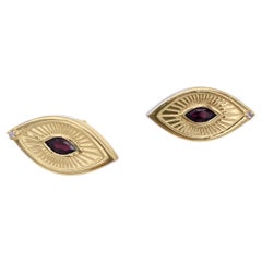 Eye Shape Victorian Sigh 18K White Gold Garnet Diamond Symbolist Earrings