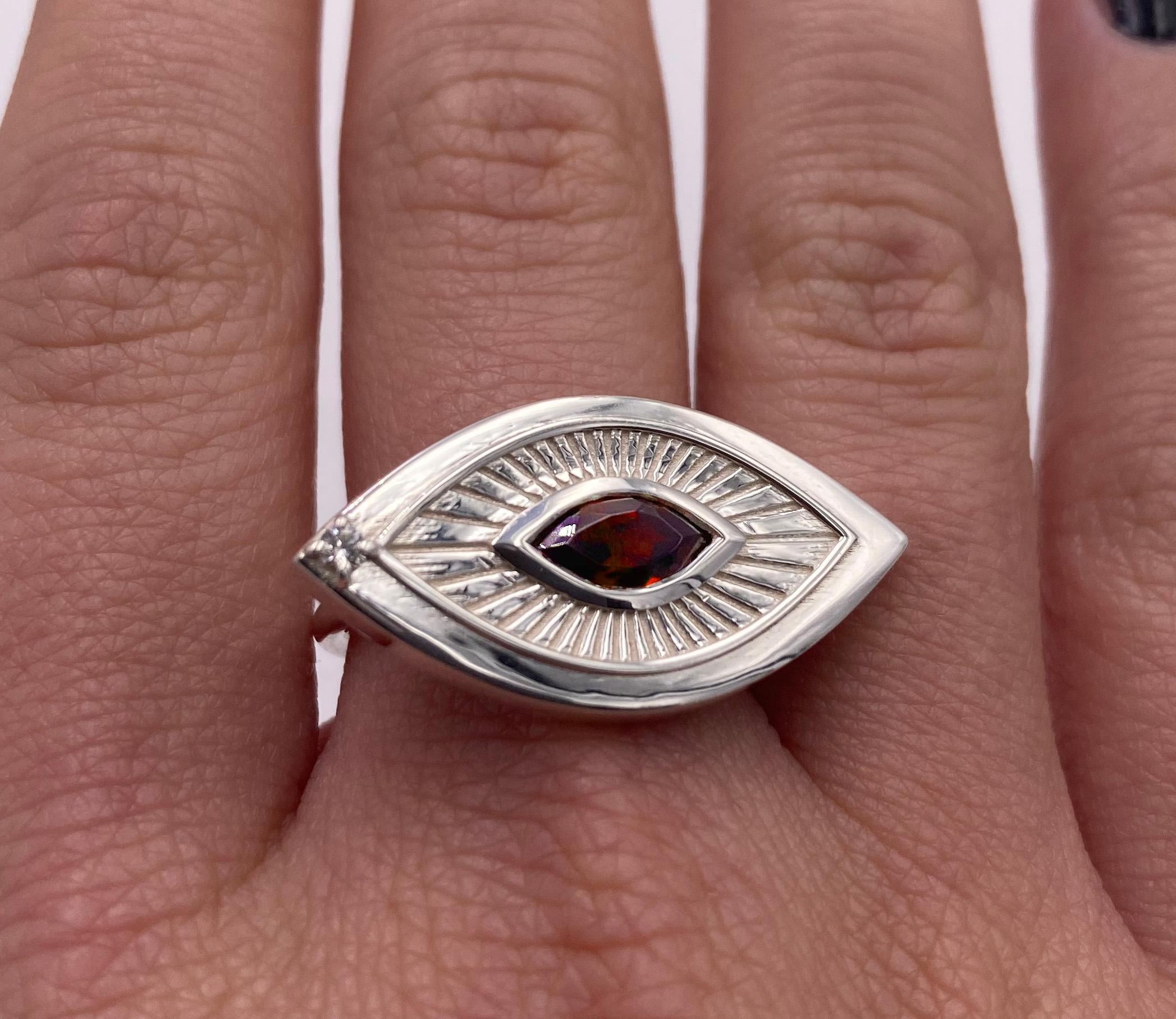 Marquise Cut Eye Shape Victorian Sigh 18K White Gold Garnet Diamond Symbolist Ring For Sale