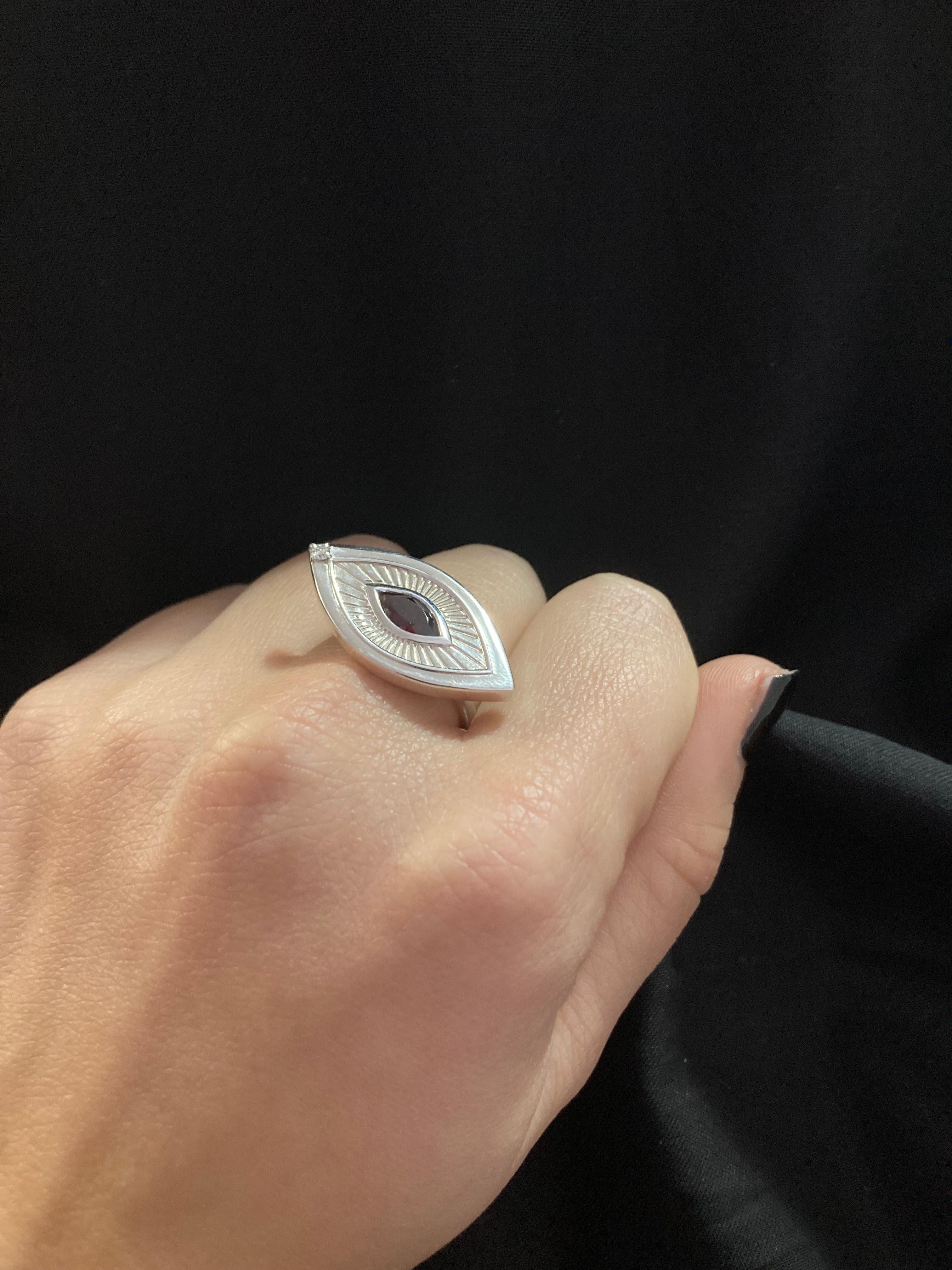 Eye Shape Victorian Sigh 18K White Gold Garnet Diamond Symbolist Ring For Sale 1
