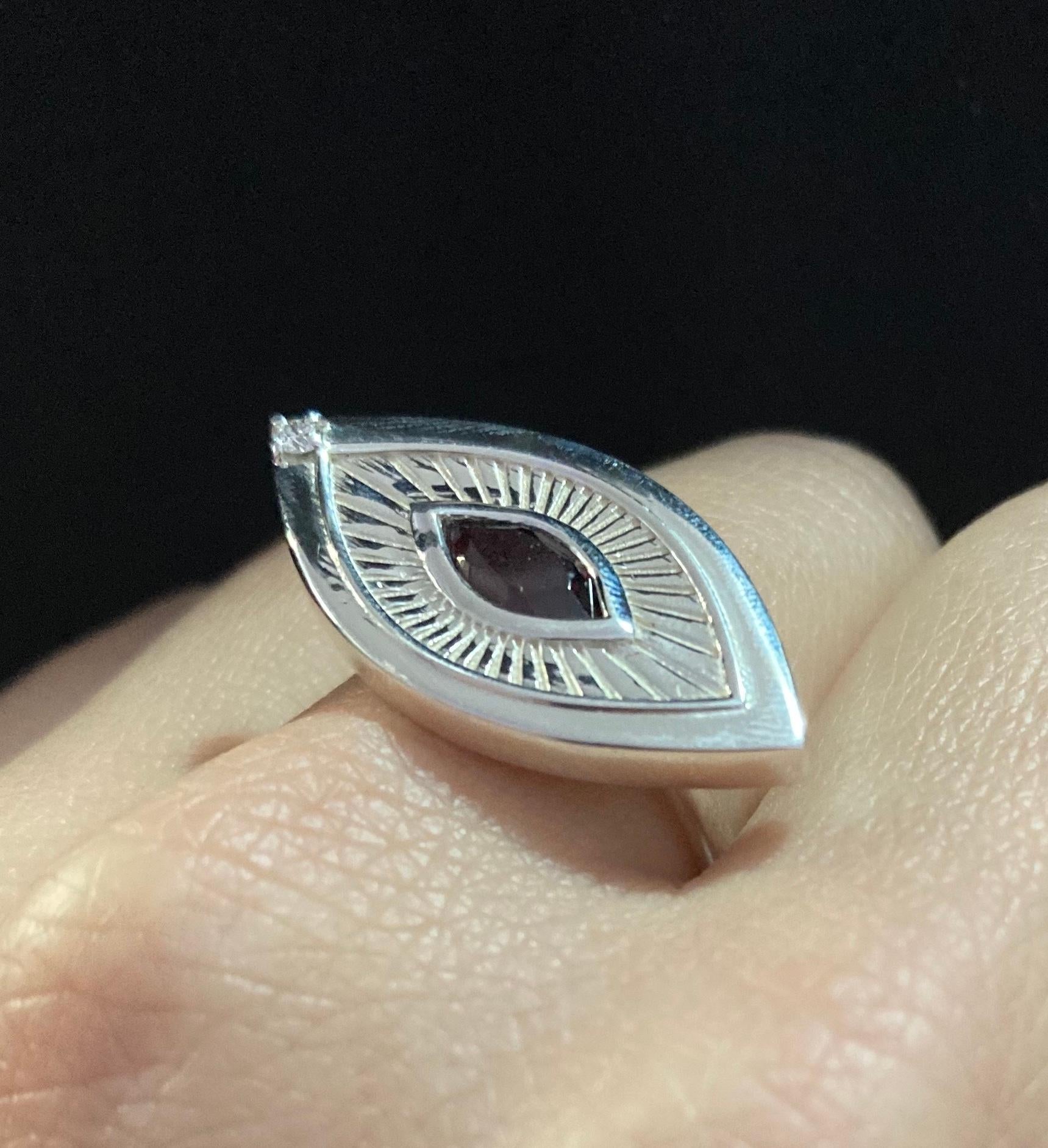 Eye Shape Victorian Sigh 18K White Gold Garnet Diamond Symbolist Ring For Sale 2