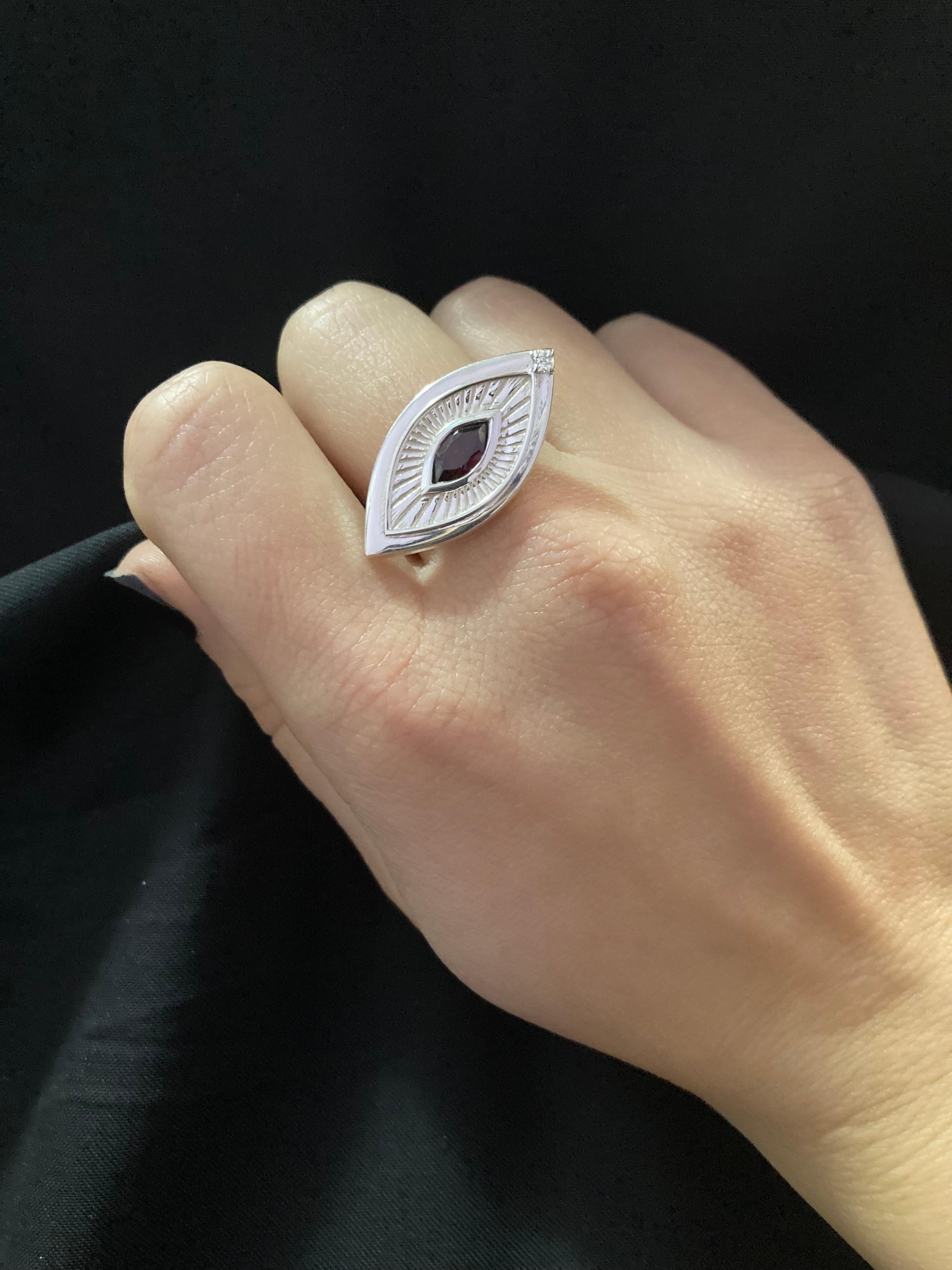 Eye Shape Victorian Sigh 18K White Gold Garnet Diamond Symbolist Ring For Sale 3