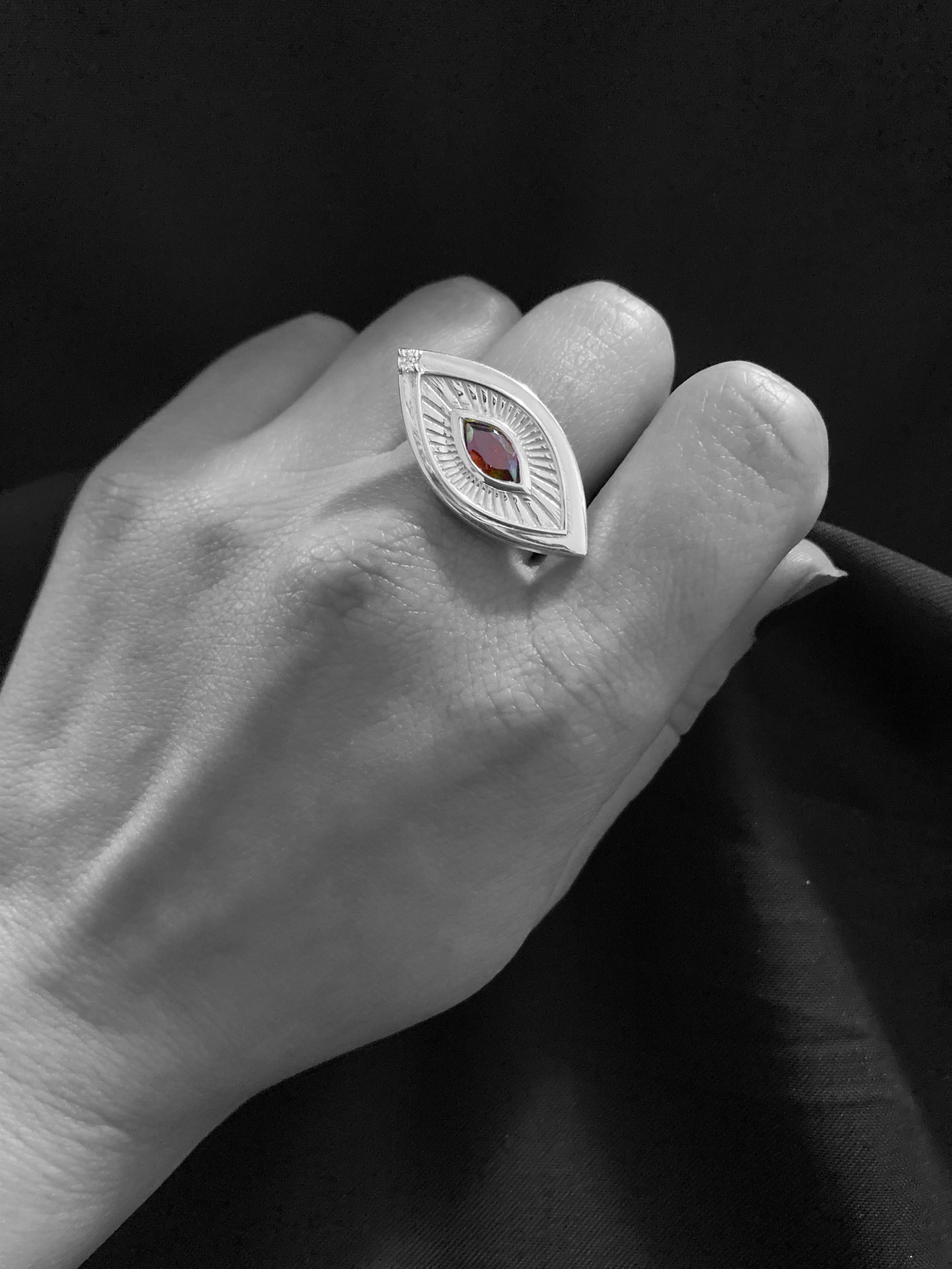 Eye Shape Victorian Sigh 18K White Gold Garnet Diamond Symbolist Ring For Sale 4