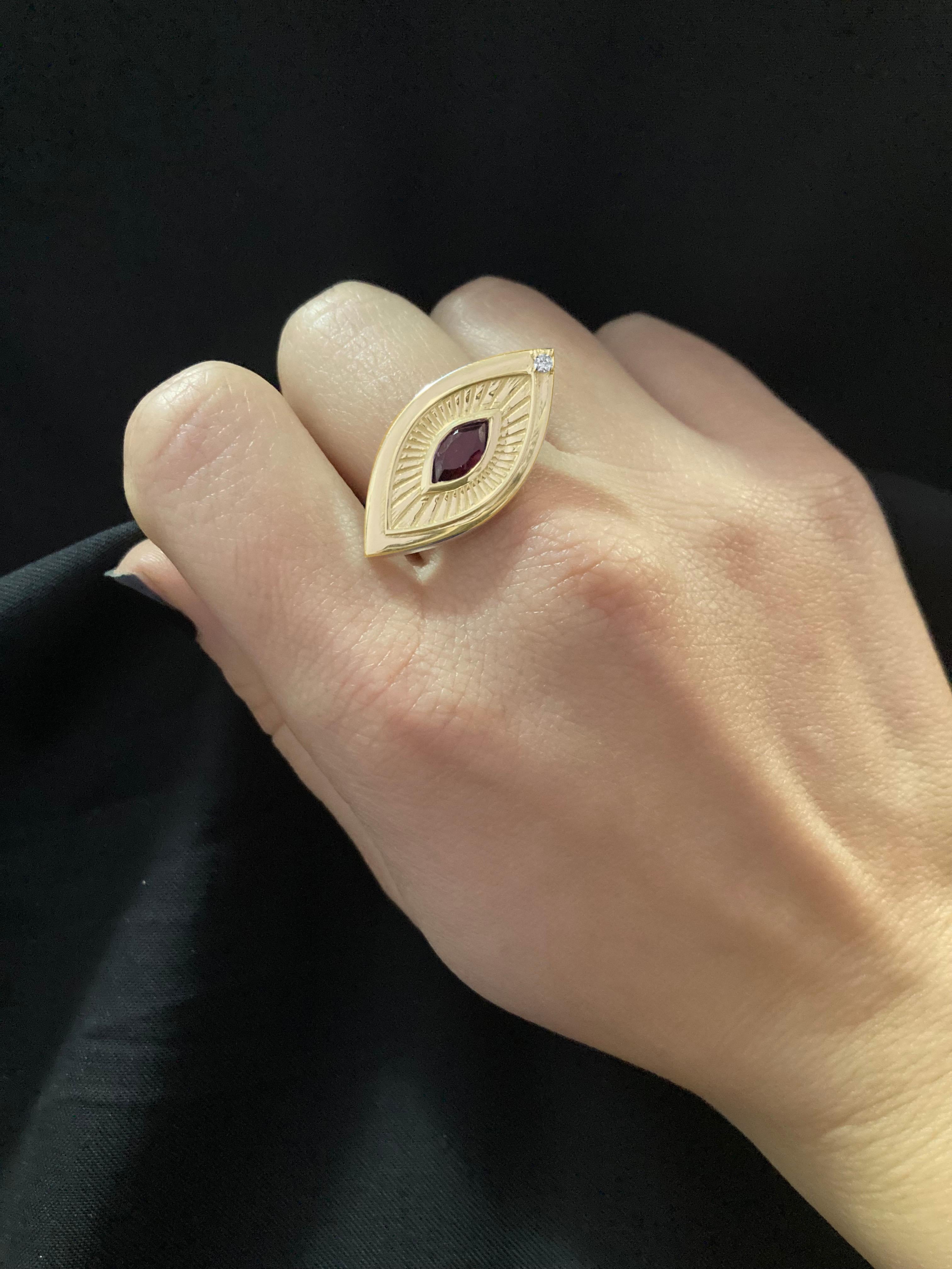 The Eye Shape Victorian Symbolist Ring in 18K yellow gold features a bold, handcrafted eye design with a deep red marquise-cut garnet at its center and a white diamond a side.
Dimension: 0.98 in x 0.60 in (2,5 x 1,5 cm)
size 7 Usa