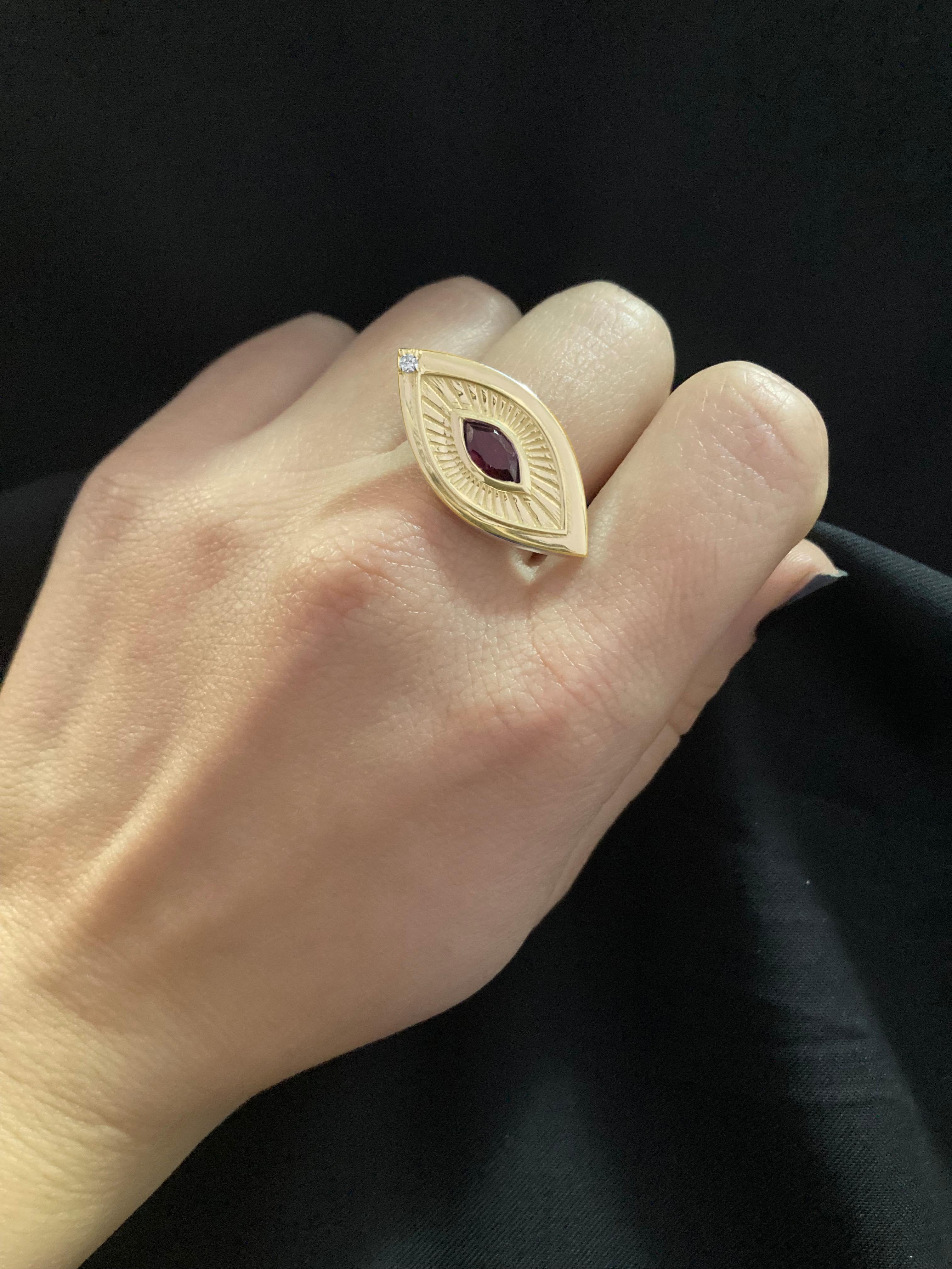 Women's or Men's Eye Shape Victorian Sigh 18K Yellow Gold Garnet Diamond Symbolist Ring For Sale