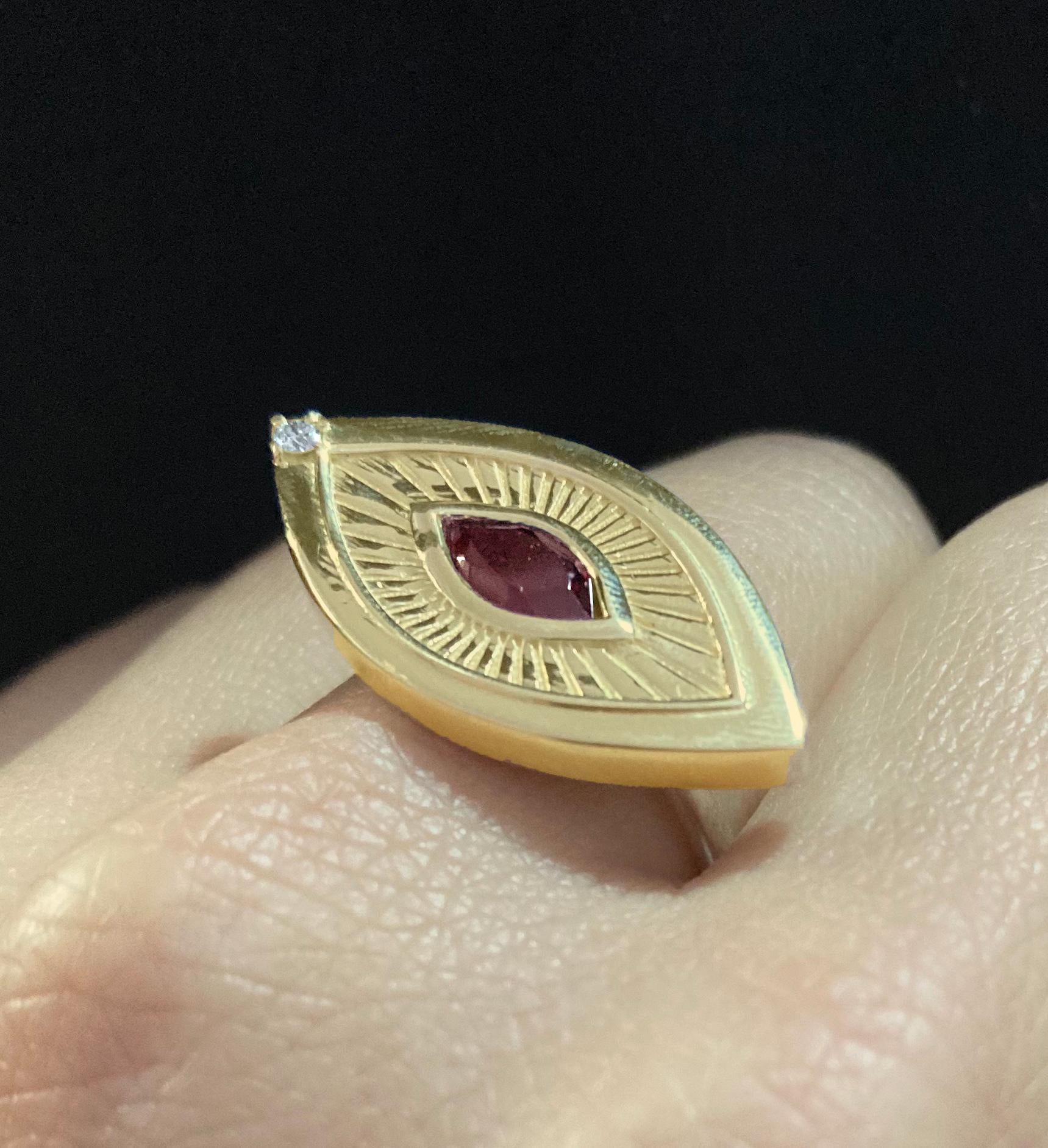 Eye Shape Victorian Sigh 18K Yellow Gold Garnet Diamond Symbolist Ring For Sale 2