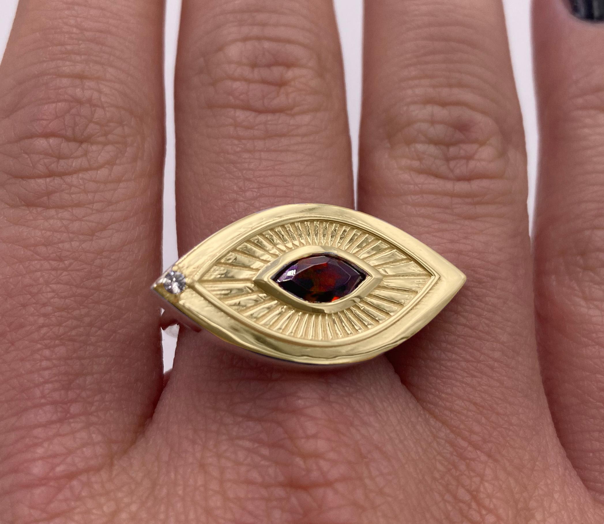 Eye Shape Victorian Sigh 18K Yellow Gold Garnet Diamond Symbolist Ring For Sale 3