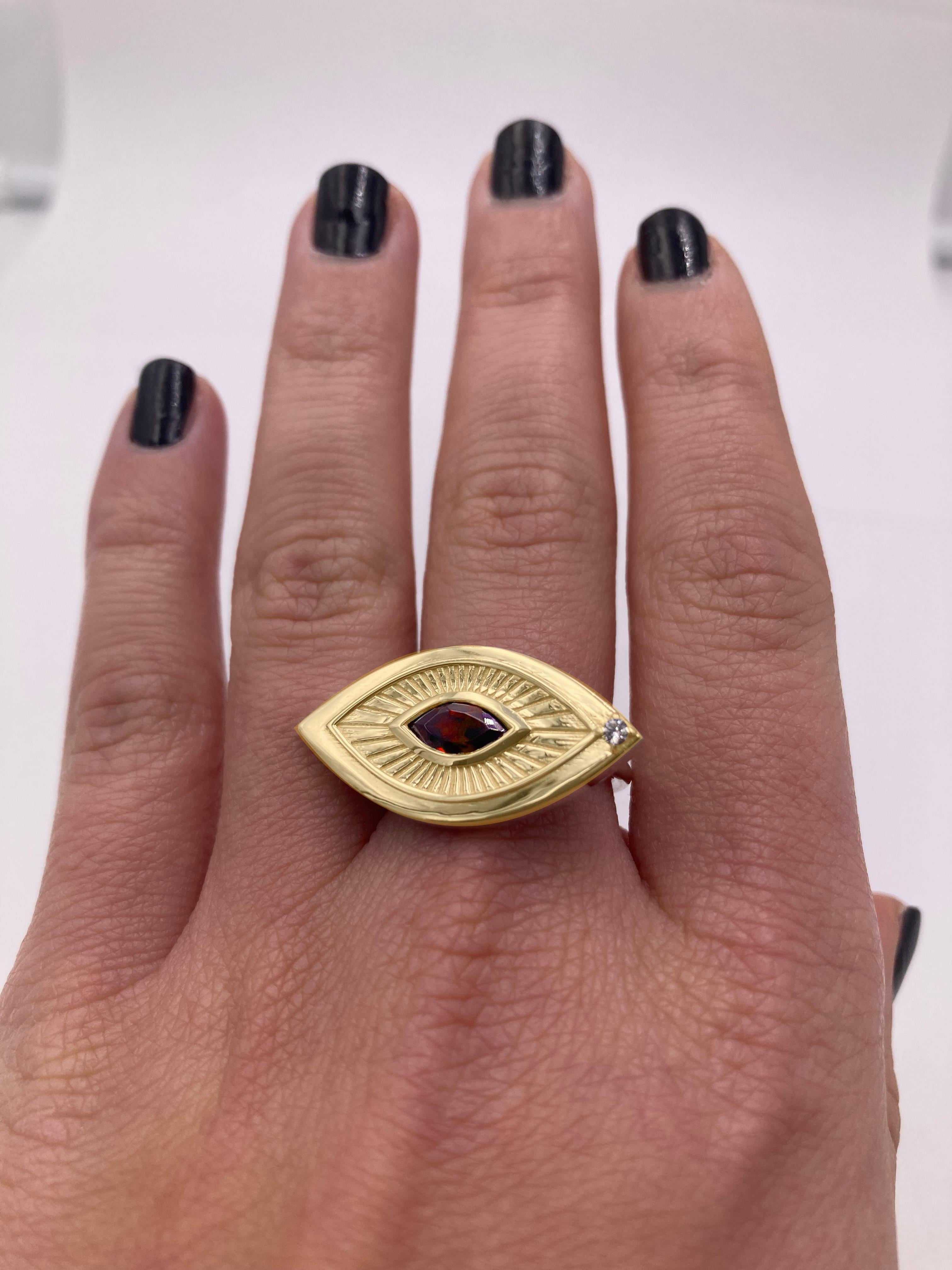 Eye Shape Victorian Sigh 18K Yellow Gold Garnet Diamond Symbolist Ring For Sale 4