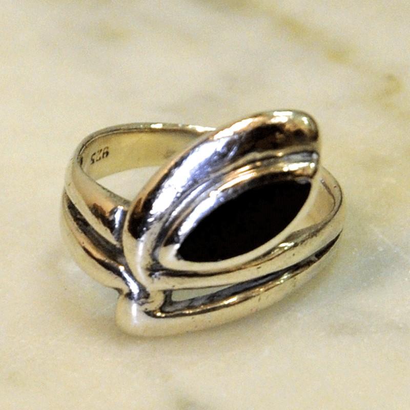 Mid-Century Modern Eye Shaped Silver Ring with Brown Oval Stone 1950s-1960s, Scandinavia