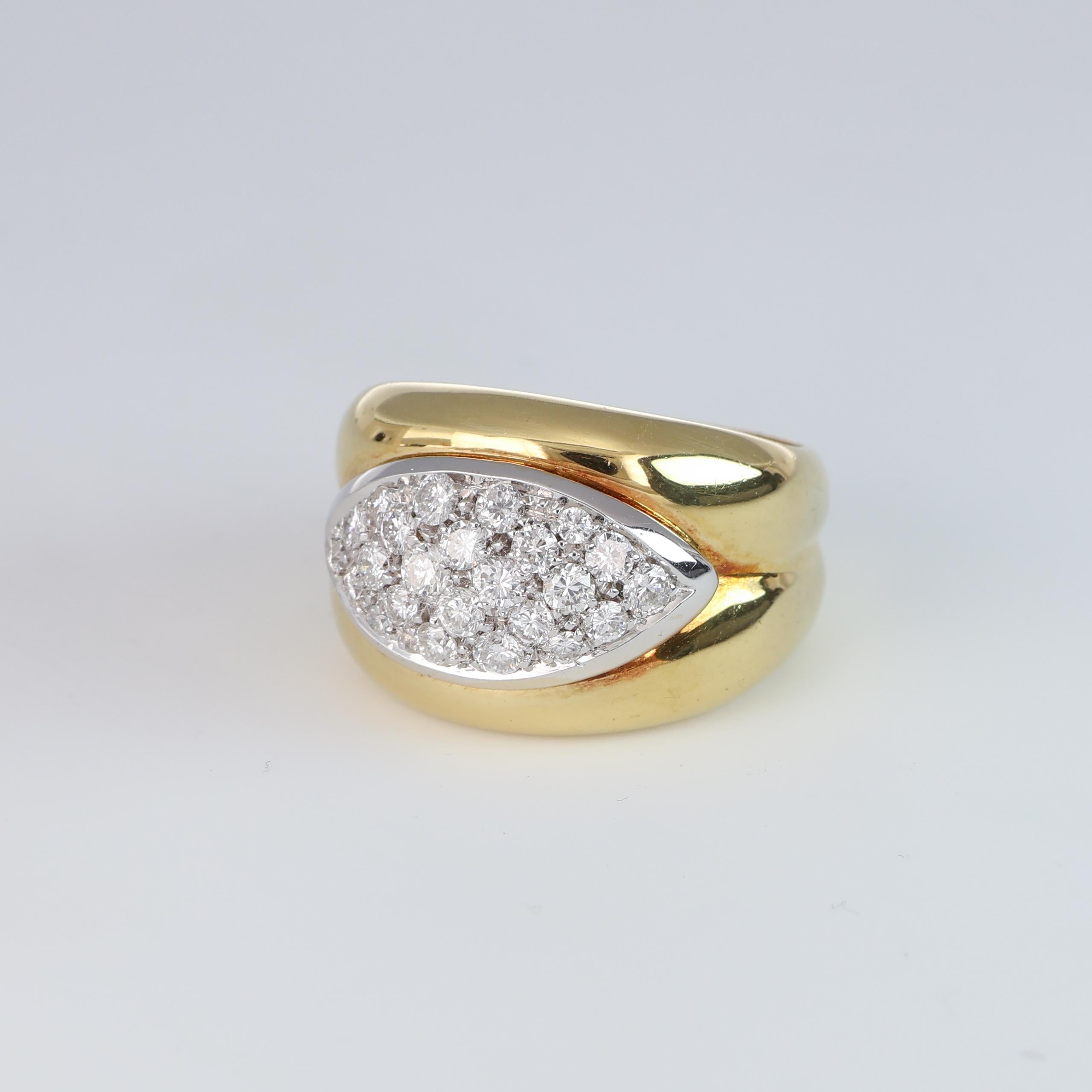 Brilliant Cut Eye-Shaped Vintage Band Ring White Diamonds 0.86 Carats Yellow and White Gold For Sale