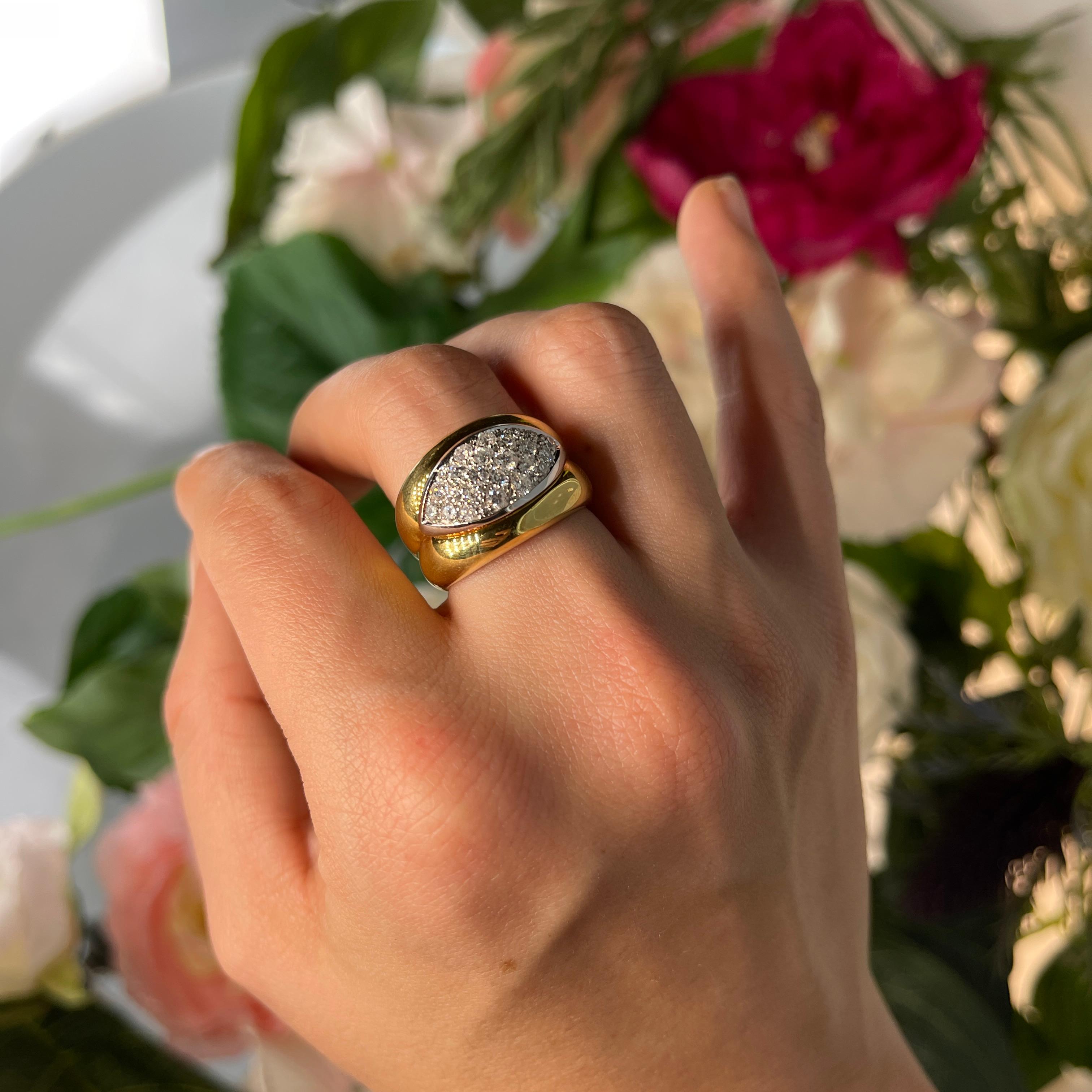 Eye-Shaped Vintage Band Ring White Diamonds 0.86 Carats Yellow and White Gold For Sale 1