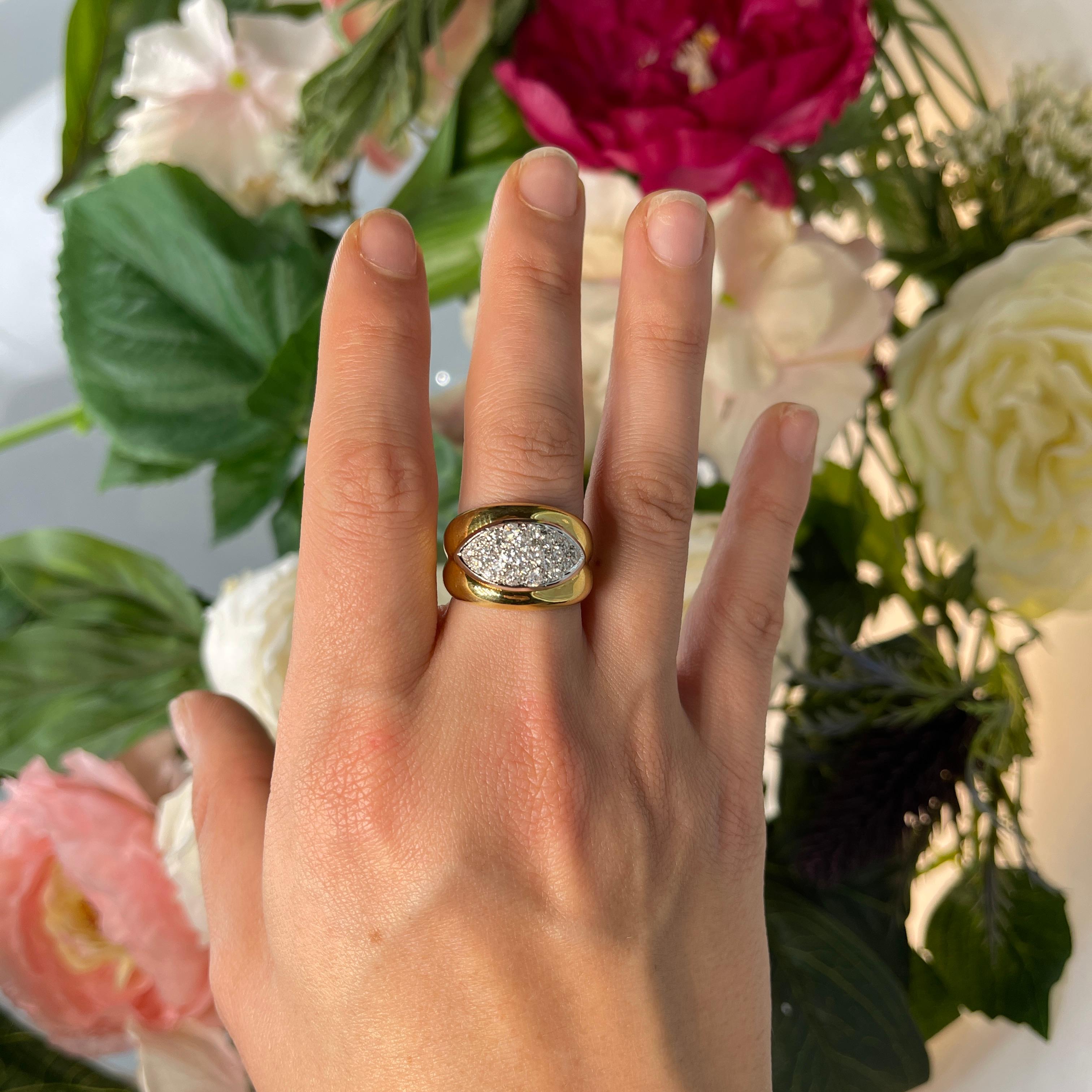 Eye-Shaped Vintage Band Ring White Diamonds 0.86 Carats Yellow and White Gold For Sale 2