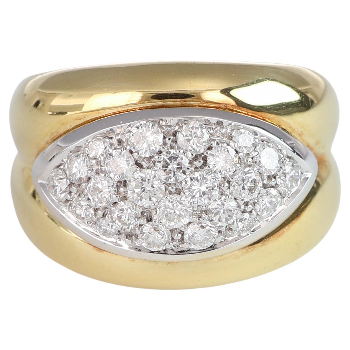 Eye-Shaped Vintage Band Ring White Diamonds 0.86 Carats Yellow and White Gold