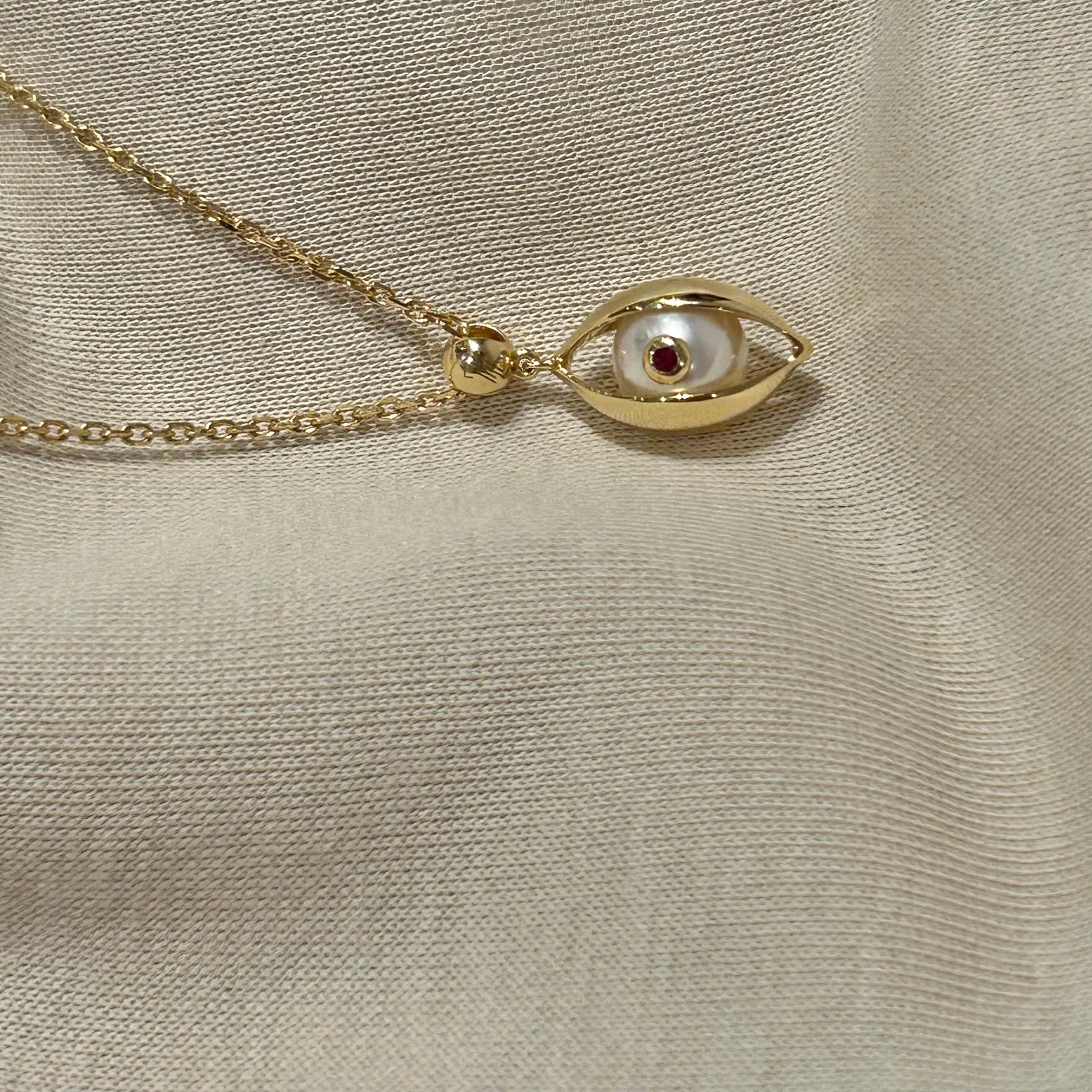 Artisan Eye Small Pendant Necklace 18 Karat Yellow Gold Akoya Pearl Ruby Diamond For Sale