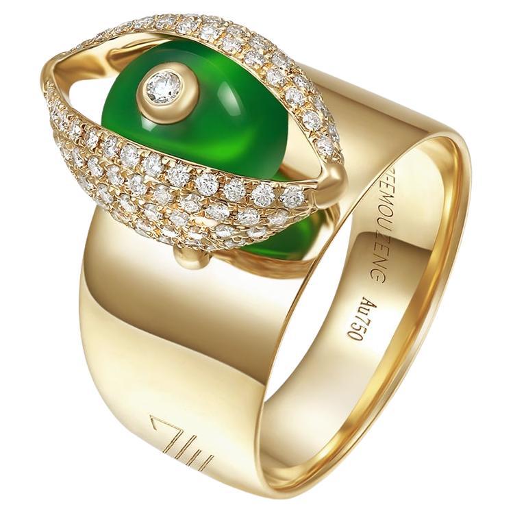 Eye Unisex Ring 18 Karat Yellow Gold Green Chalcedony Ruby Diamond For Sale
