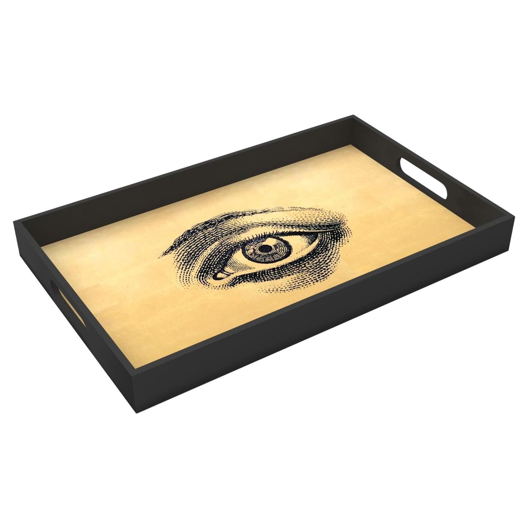 Eye Wooden Lacquered Golden Tray For Sale