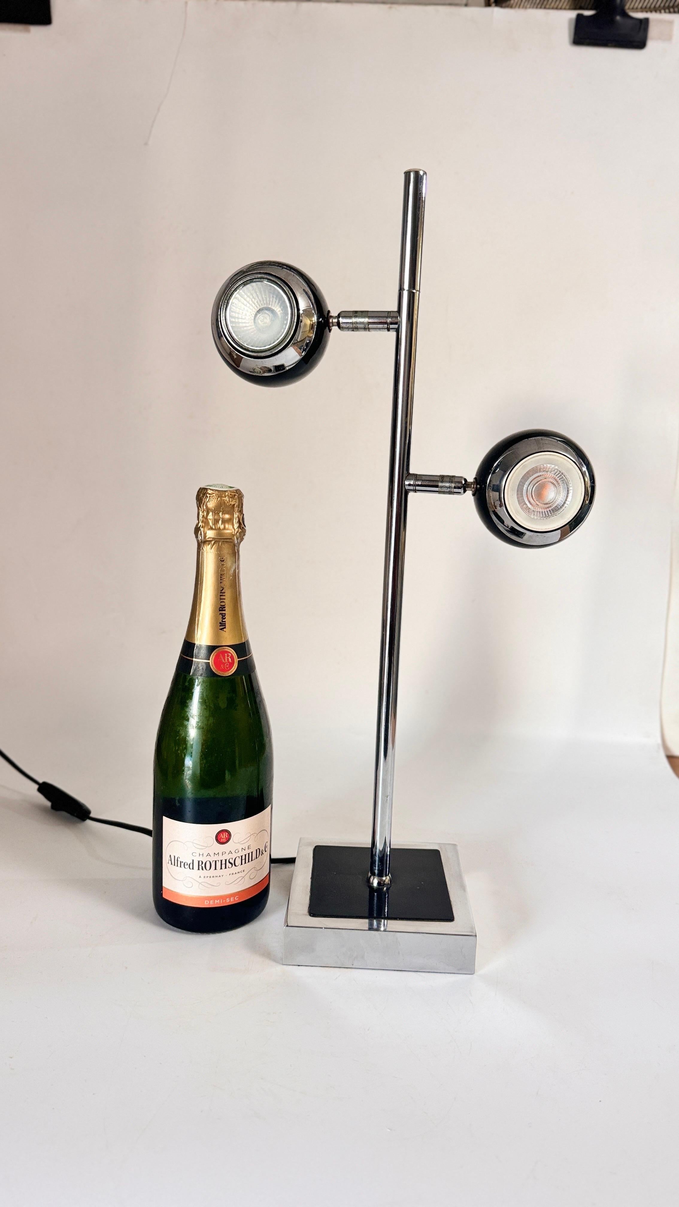 Mid-Century Modern Eyeballs Table Lamp, 1980s Black and Siver Color France Removable globes For Sale