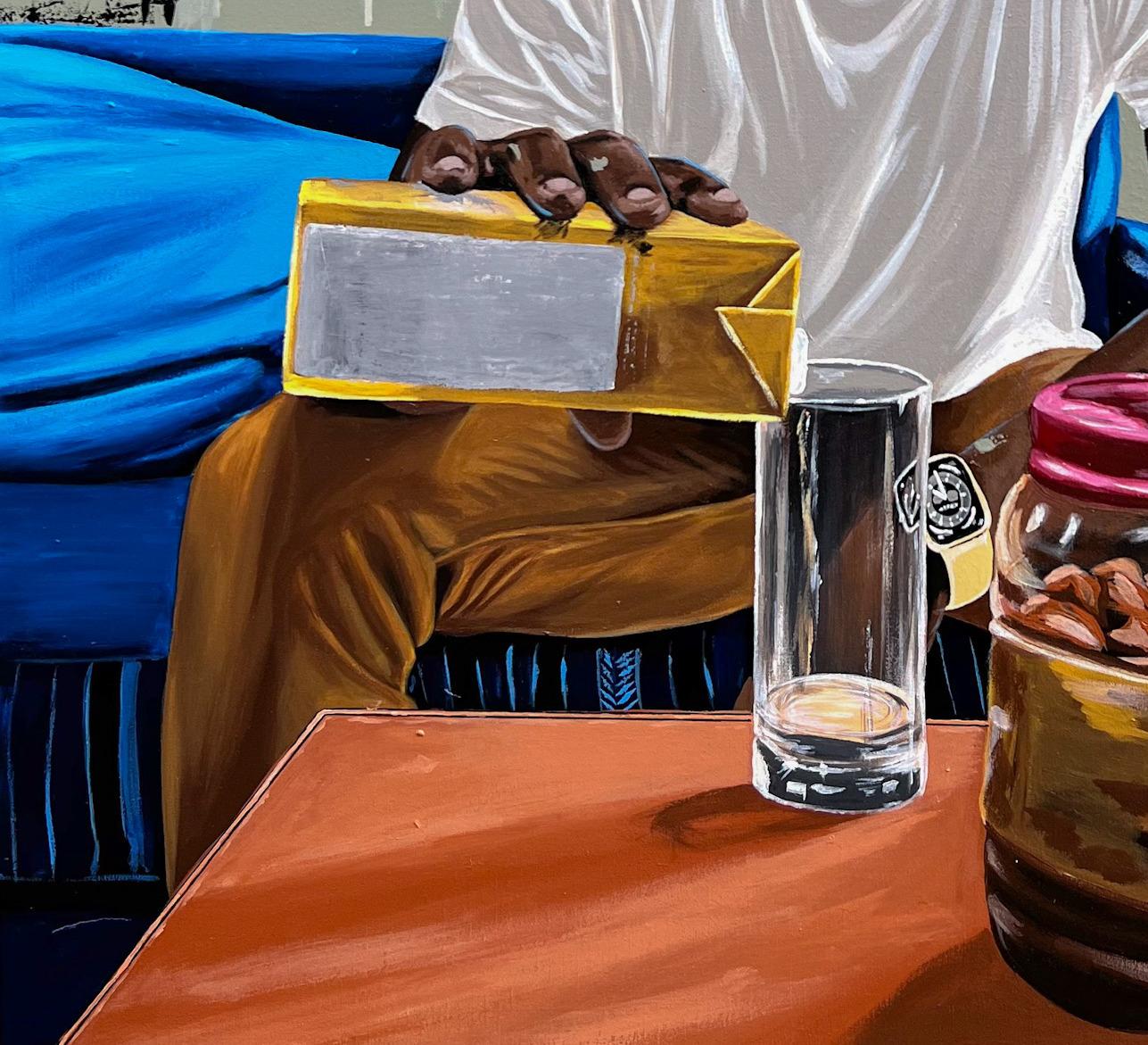 L'œuvre d'Alagbe capture magnifiquement le désir de calme et de relaxation. Le fait de verser un jus de fruit dans une tasse en verre représente la quête d'une boisson apaisante pour calmer les nerfs et rajeunir l'esprit. Les couleurs vives du jus