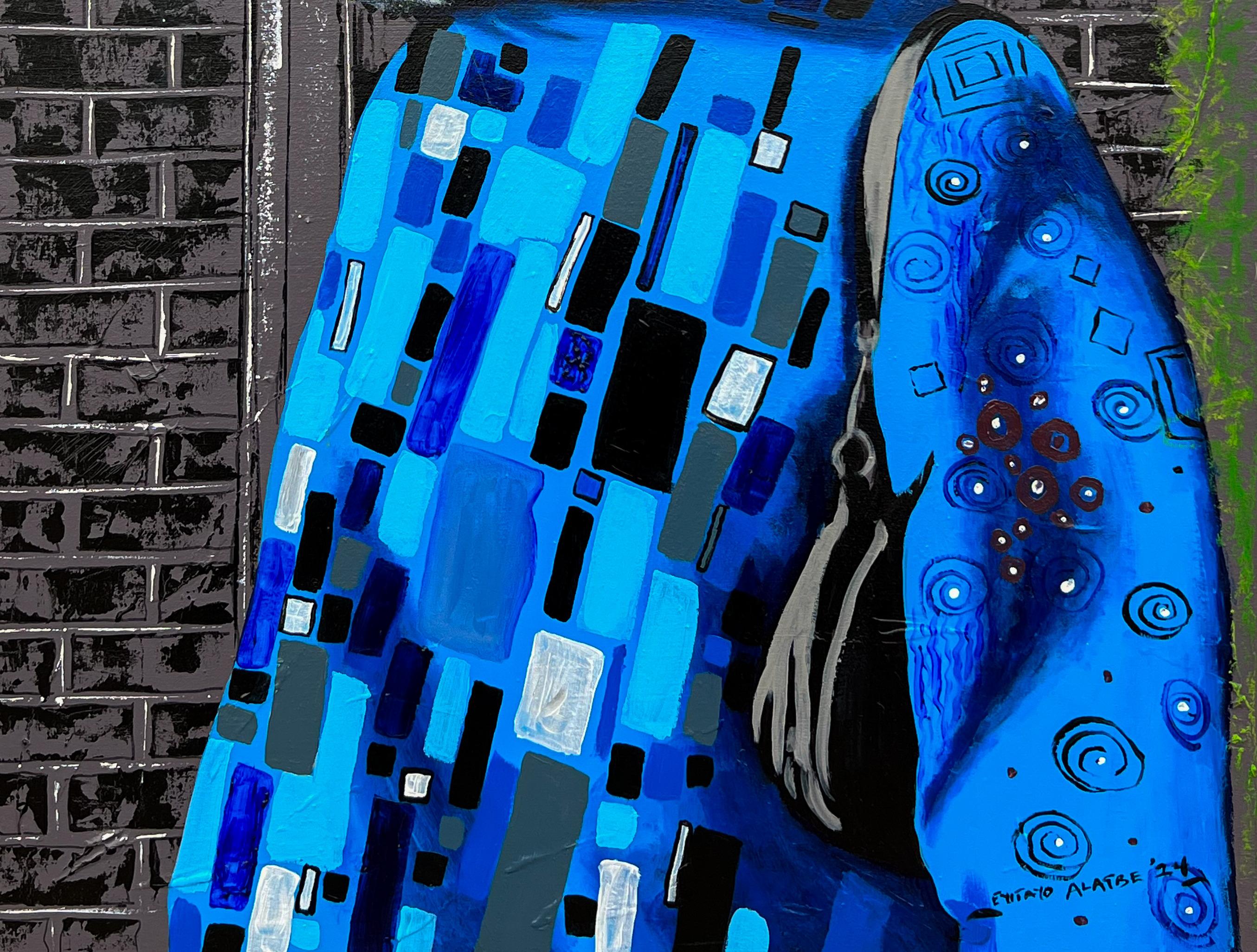 Encontrar consuelo en tierra extranjera 1 - Siglo XXI, Contemporáneo, Retrato, Mujeres - Figurative Painting Azul de Eyitayo Alagbe 