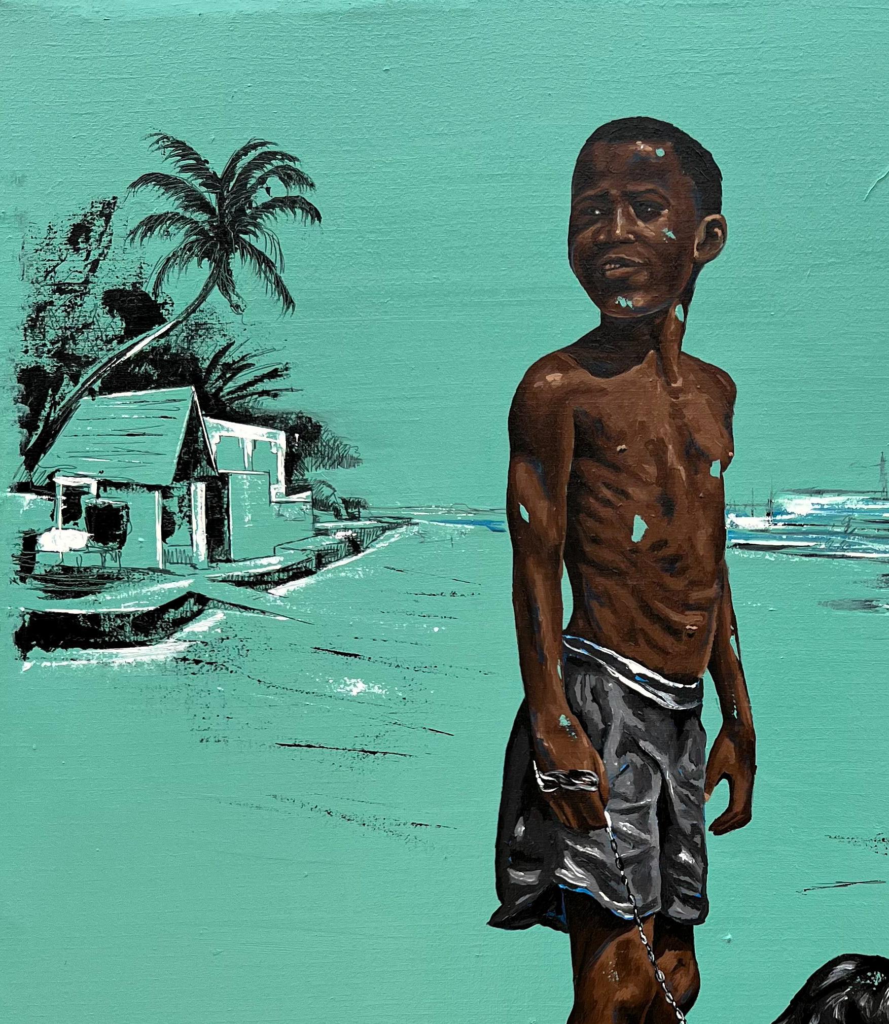 Tiempo de vacaciones -Siglo XXI, Contemporáneo, Paisaje figurativo, Niños, Perro - Painting de Eyitayo Alagbe 