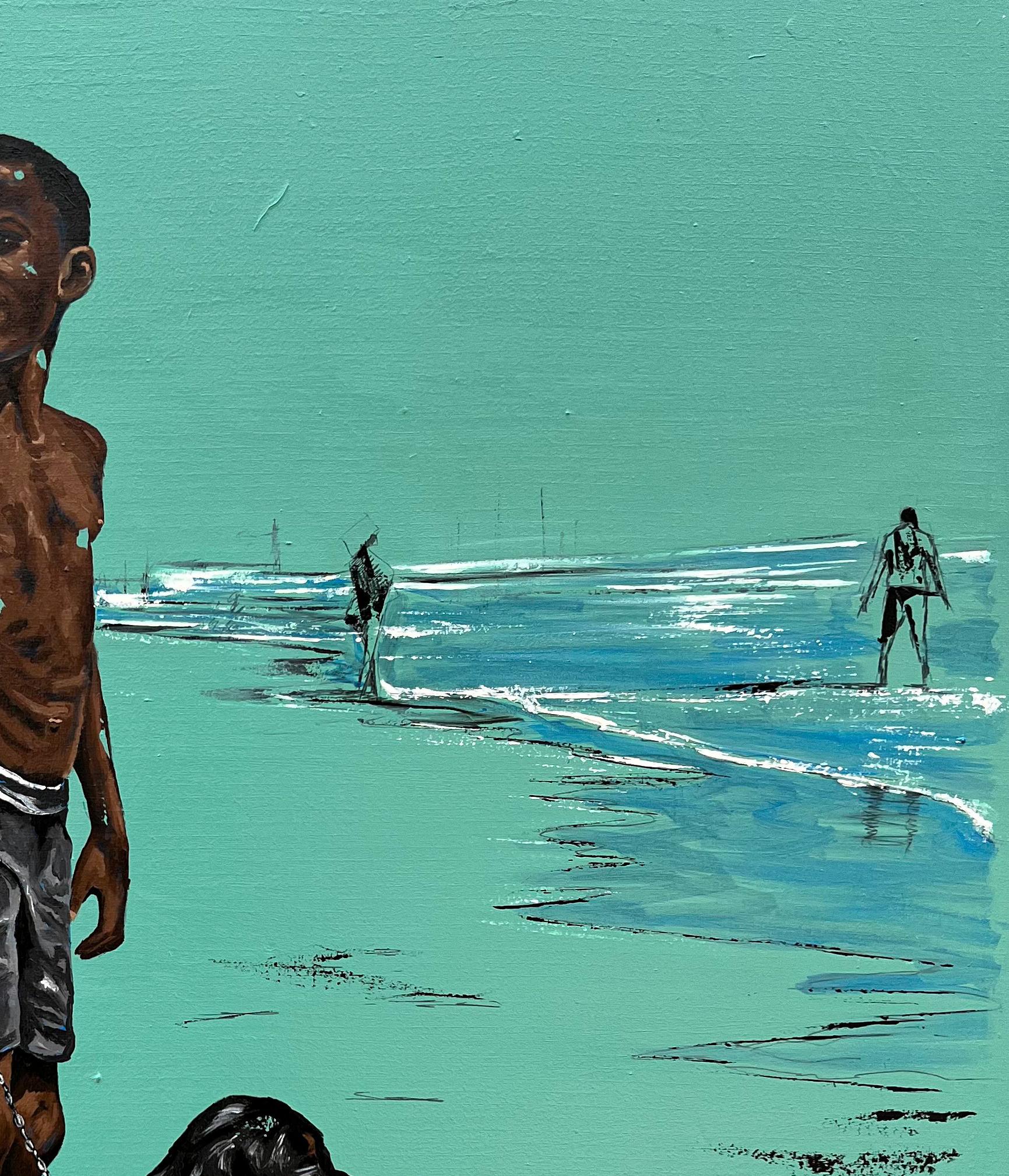 Tiempo de vacaciones -Siglo XXI, Contemporáneo, Paisaje figurativo, Niños, Perro - Painting Expresionista de Eyitayo Alagbe 