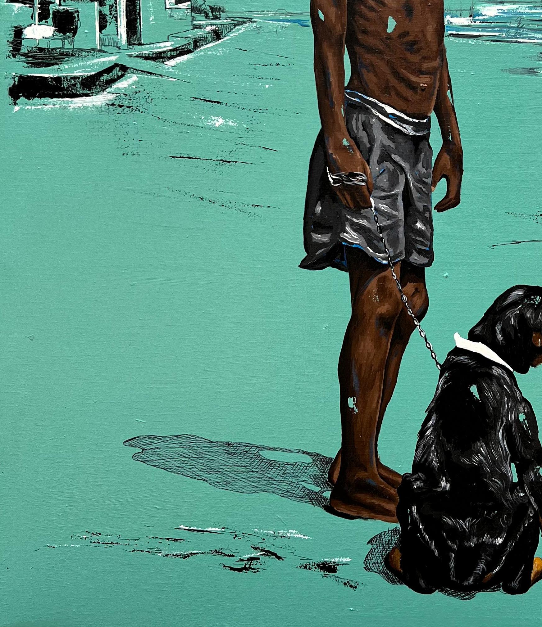 Tiempo de vacaciones -Siglo XXI, Contemporáneo, Paisaje figurativo, Niños, Perro - Figurative Painting Azul de Eyitayo Alagbe 