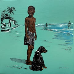 Tiempo de vacaciones -Siglo XXI, Contemporáneo, Paisaje figurativo, Niños, Perro