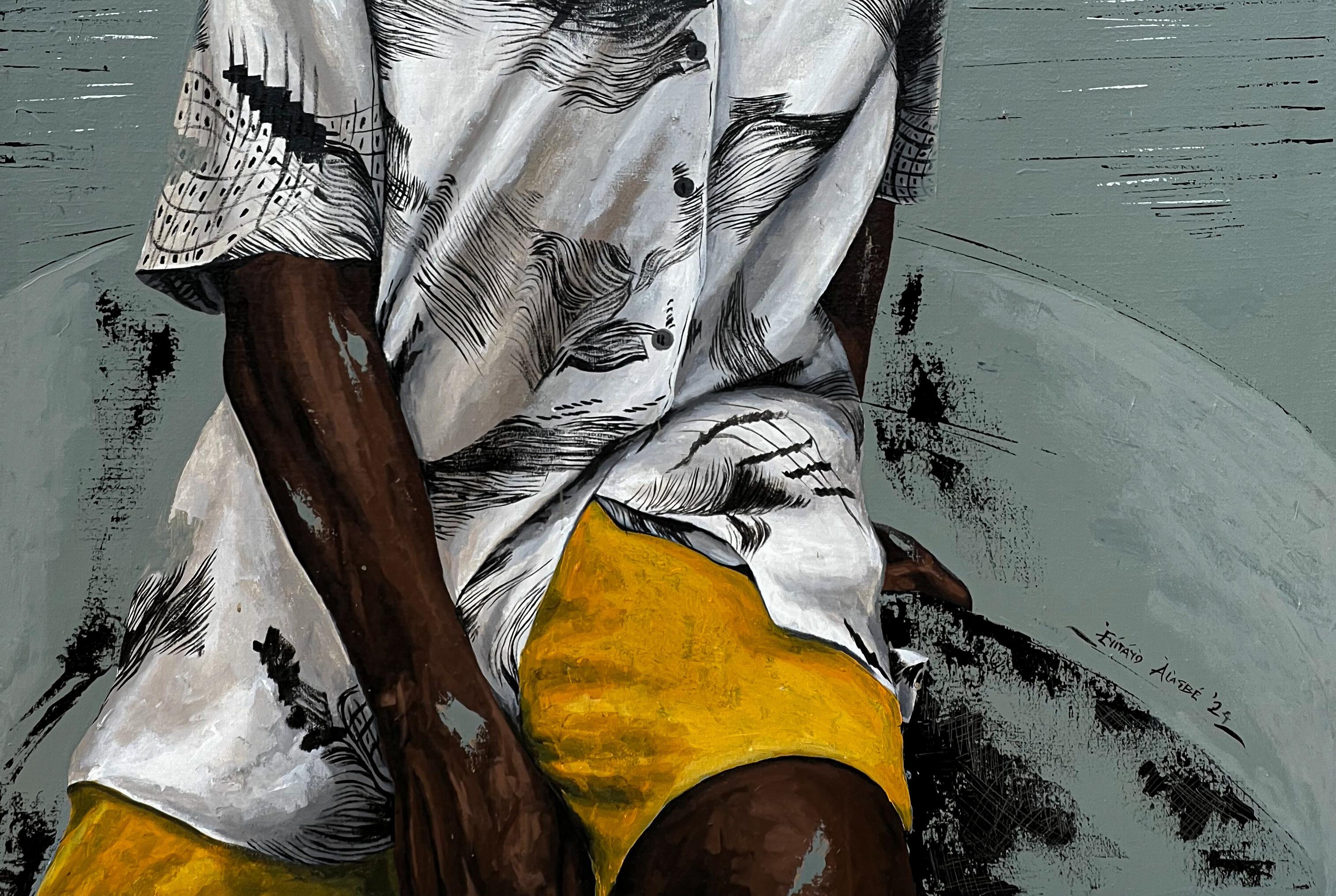 En mi soledad 1 - Siglo XXI, Contemporáneo, Figurativo, Técnica mixta, Hombres - Figurative Painting Gris de Eyitayo Alagbe 