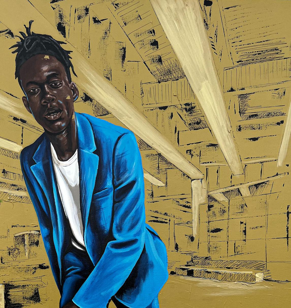 La vida como una montaña rusa 1 - Siglo XXI, Contemporáneo, Figurativo, Hombres Patinando - Figurative Painting Marrón de Eyitayo Alagbe 