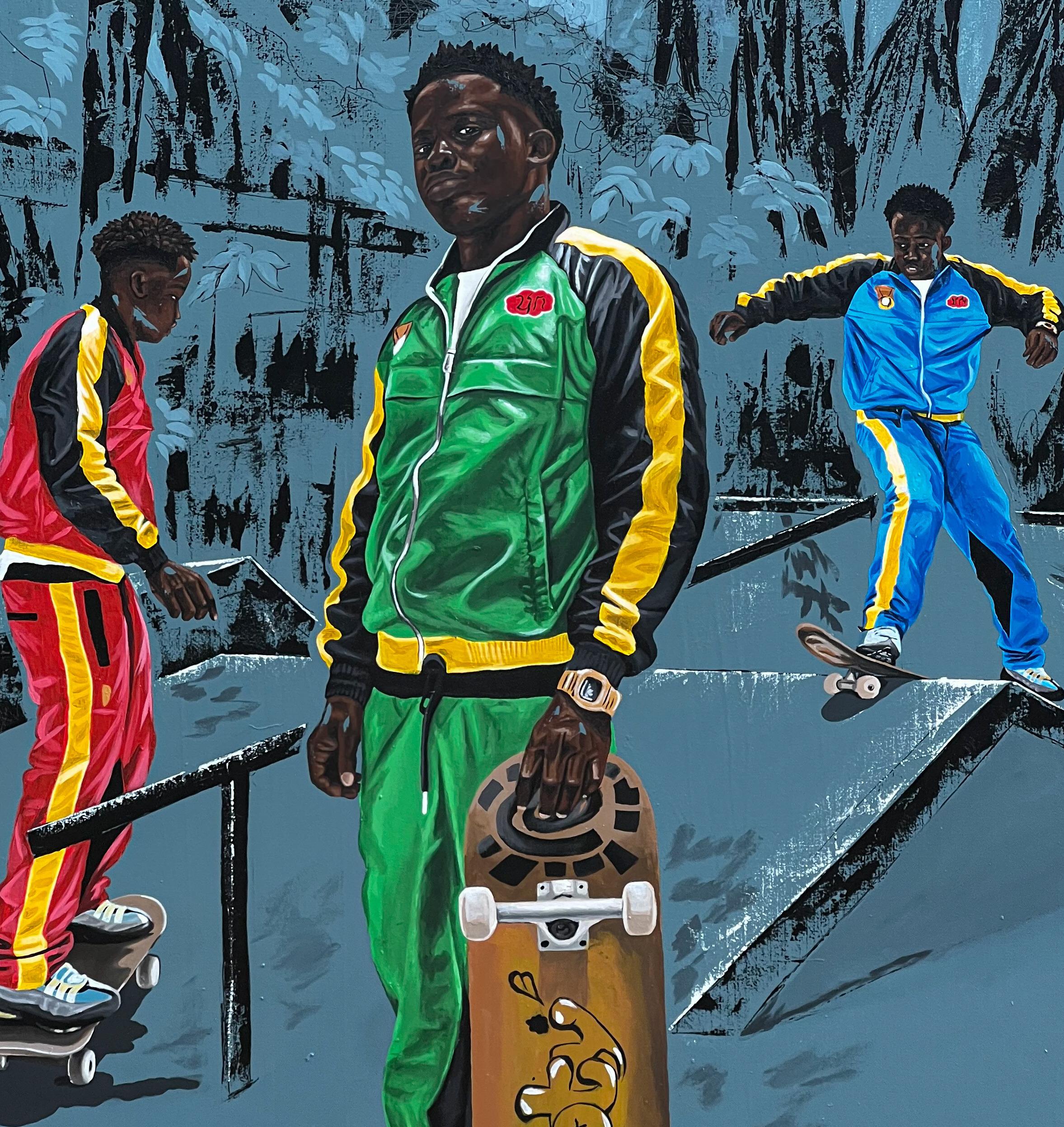 La vida como una montaña rusa 2 - Siglo XXI, Contemporáneo, Figurativo, Hombres Patinando en venta 2