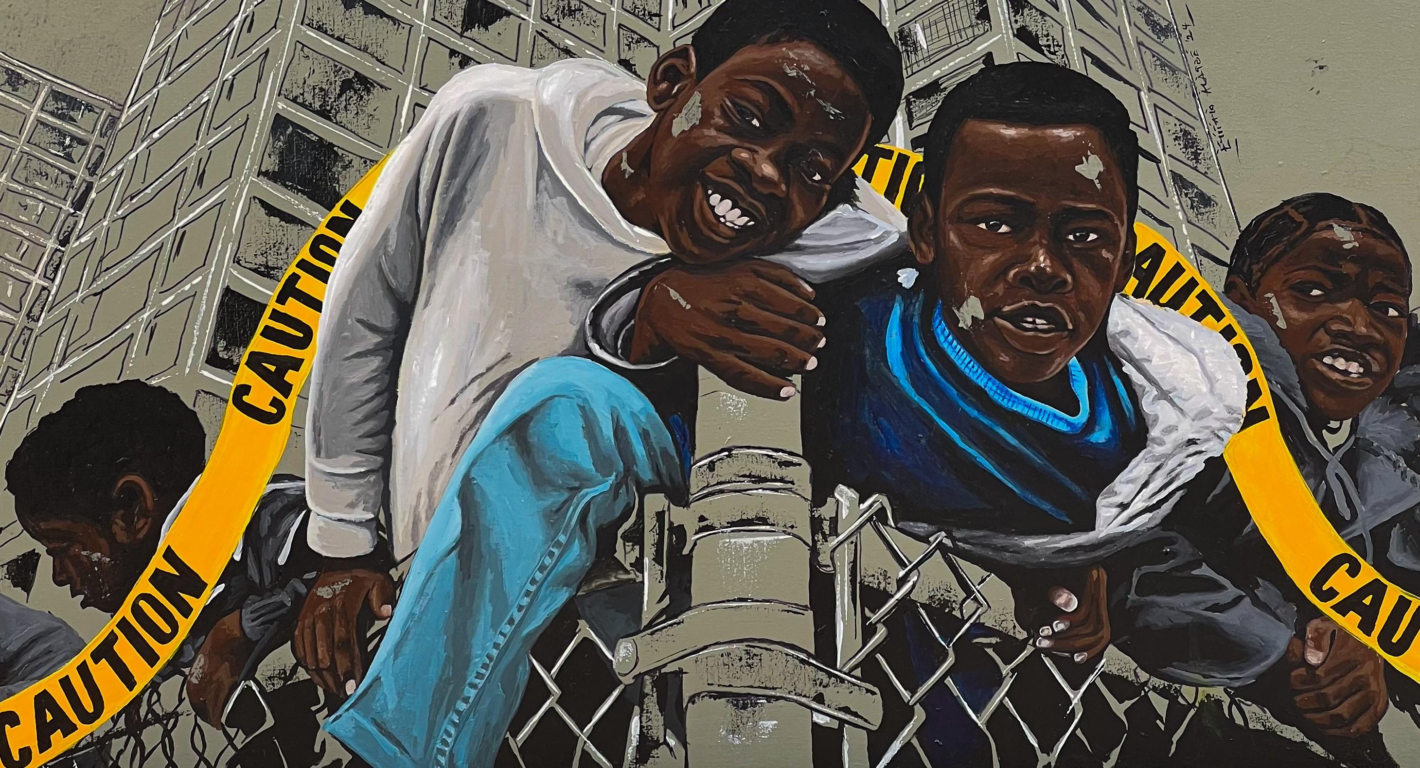 Me and My Guys 1 -21st Century Contemporary, Figurative, Mixed Media, Relaxation - Gray Figurative Painting by Eyitayo Alagbe 