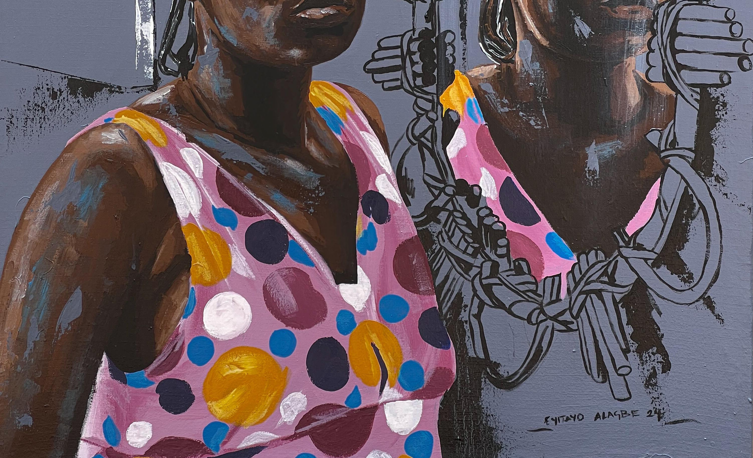 Self-Reflection - 21st Century Contemporary, Figurative Portrait, Women - Gray Figurative Painting by Eyitayo Alagbe 