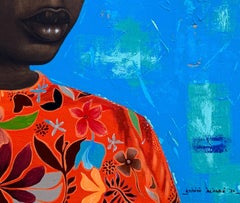 Damisela pensativa - Siglo XXI, Retrato figurativo, Mujer, Africana, Bella