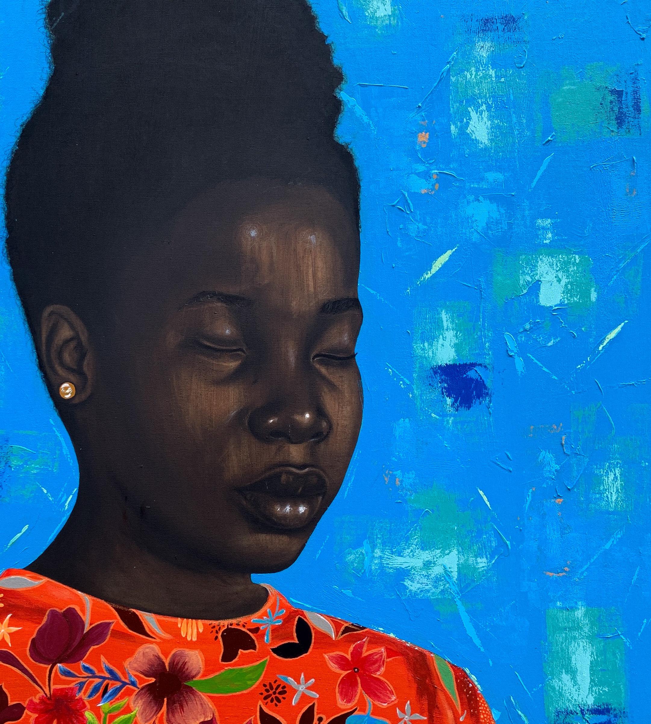 Thoughtful Damsel - 21st Century, Figurative Portrait, Women, African, Beautiful - Blue Figurative Painting by Eyitayo Alagbe 