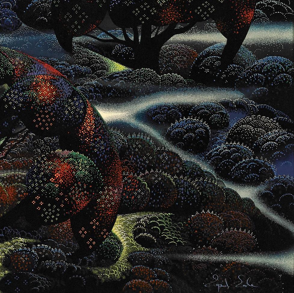 Garden of Dreams di Eyvind Earle del 1990 è una serigrafia tradizionale su carta di 37 x 28 pollici con dimensioni della cornice di 48 x 38,5 pollici.  Firmato 