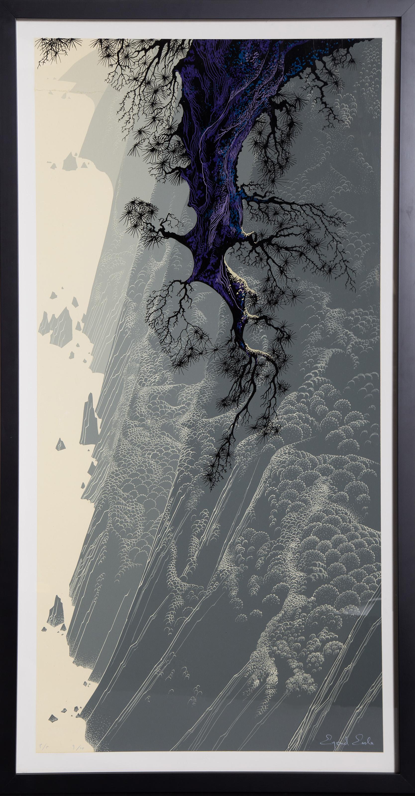 Mountain Rise
Eyvind Earle, American (1916–2000)
Date: 1979
Screenprint, signed and numbered in pencil
Edition of 300, Printers Proof 9/10
Image Size: 39.5 x 19.5 inches
Size: 41.75 x 21.75 in. (106.05 x 55.25 cm)
Frame Size: 44 x 24 inches
Printer: