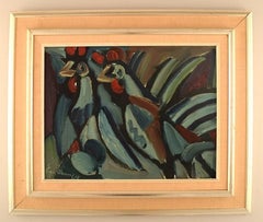 Eyvind Olesen, Denmark, Oil on Canvas, Two Roosters, Dated 1967