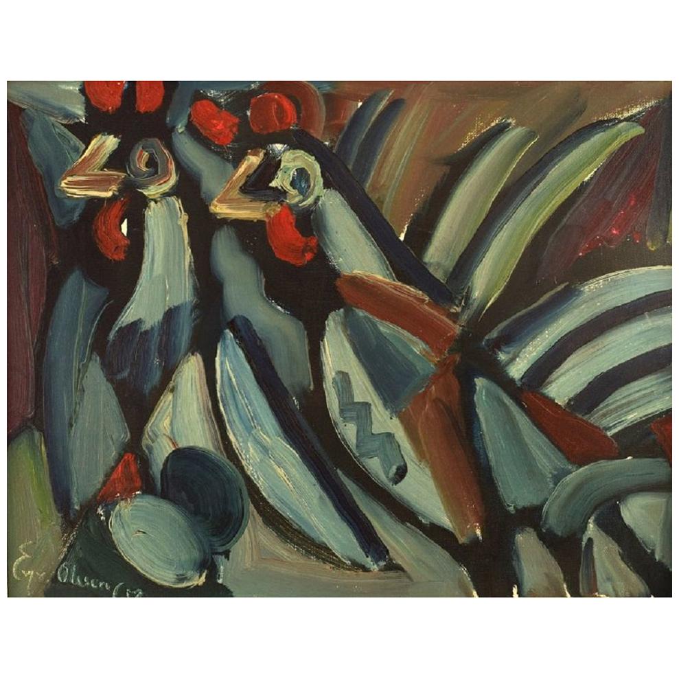 Eyvind Olesen, Denmark, Oil on Canvas, Two Roosters, Dated 1967