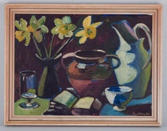 Eyvind Olesen, Danish artist. Oil on canvas. Modernist still life on a table.