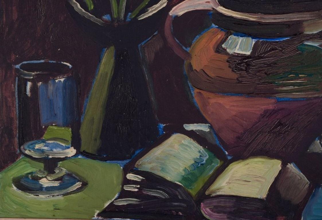 Eyvind Olesen, Danish artist. Oil on canvas. Modernist still life on a table. In Excellent Condition In København, Copenhagen