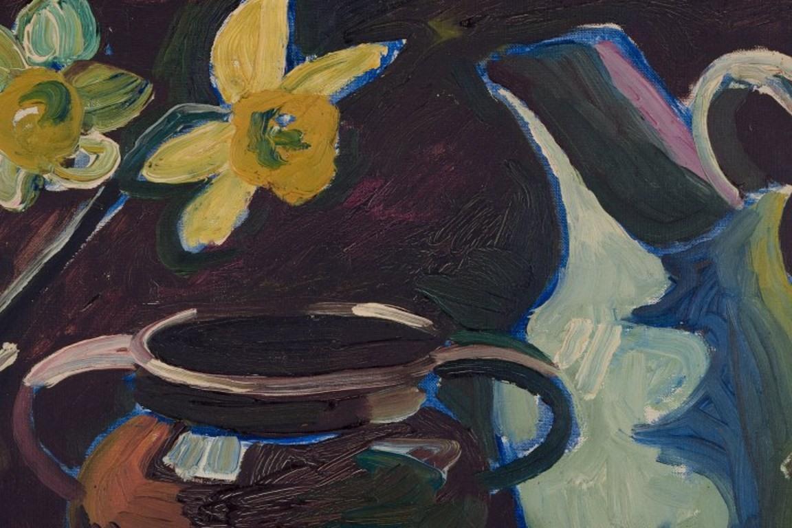 Mid-20th Century Eyvind Olesen, Danish artist. Oil on canvas. Modernist still life on a table.
