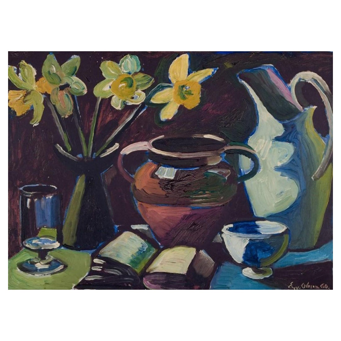 Eyvind Olesen, Danish artist. Oil on canvas. Modernist still life on a table.