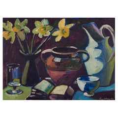 Eyvind Olesen, Danish artist. Oil on canvas. Modernist still life on a table.
