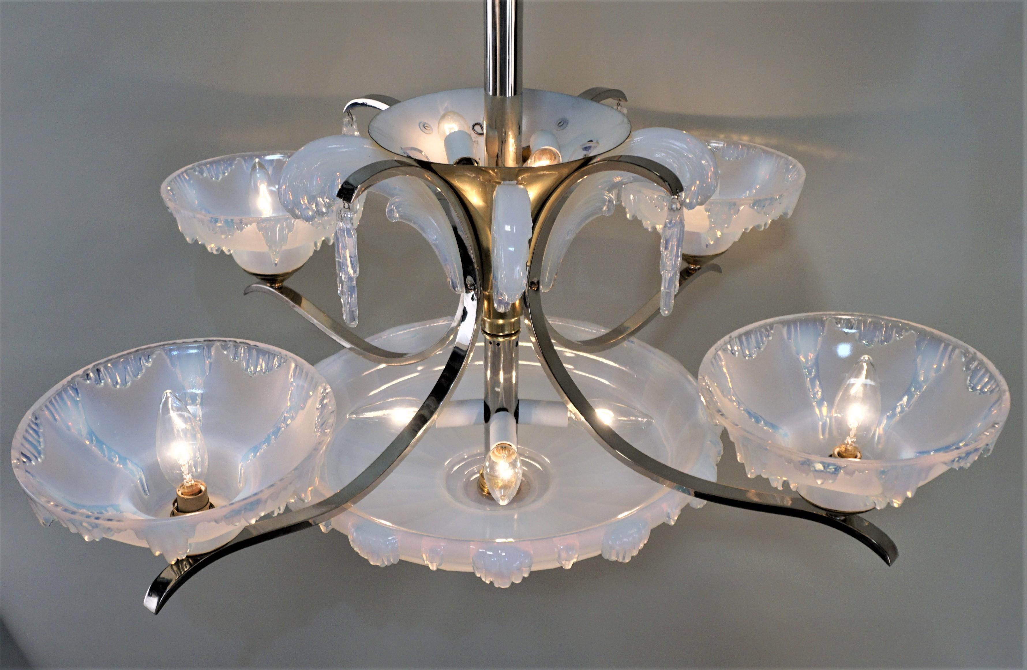 Ezan Art Deco Opalescent Glass and Bronze and Nickel French Chandelier 6
