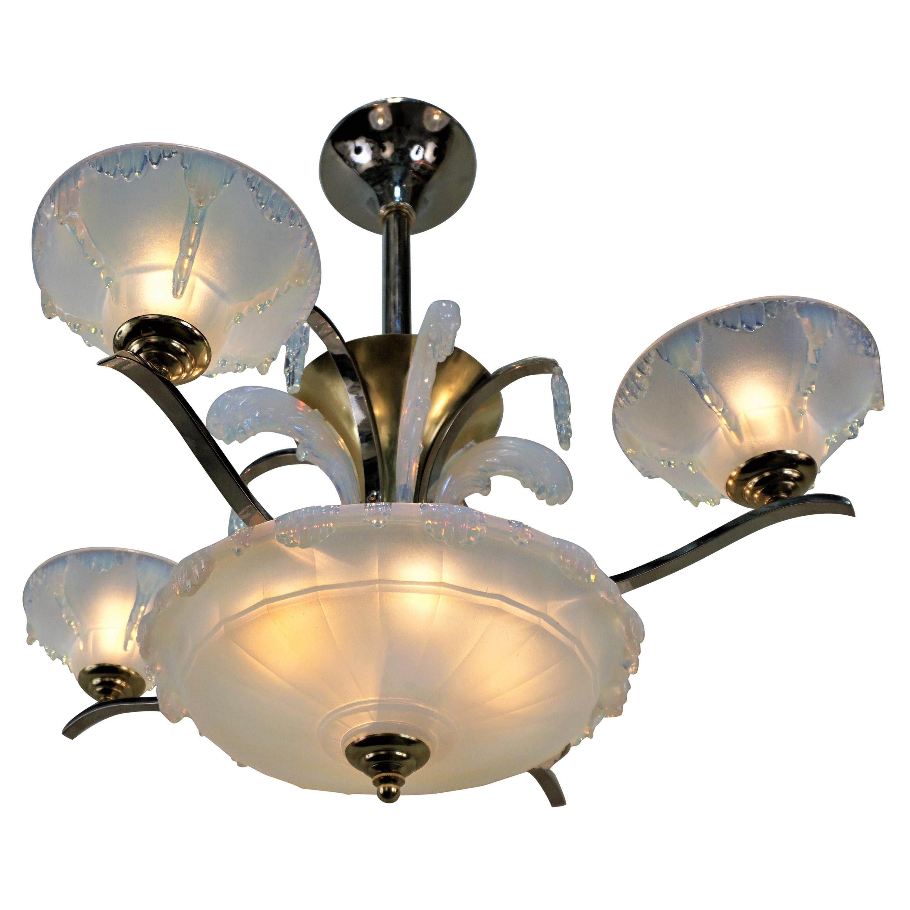 Ezan Art Deco Opalescent Glass and Bronze and Nickel French Chandelier