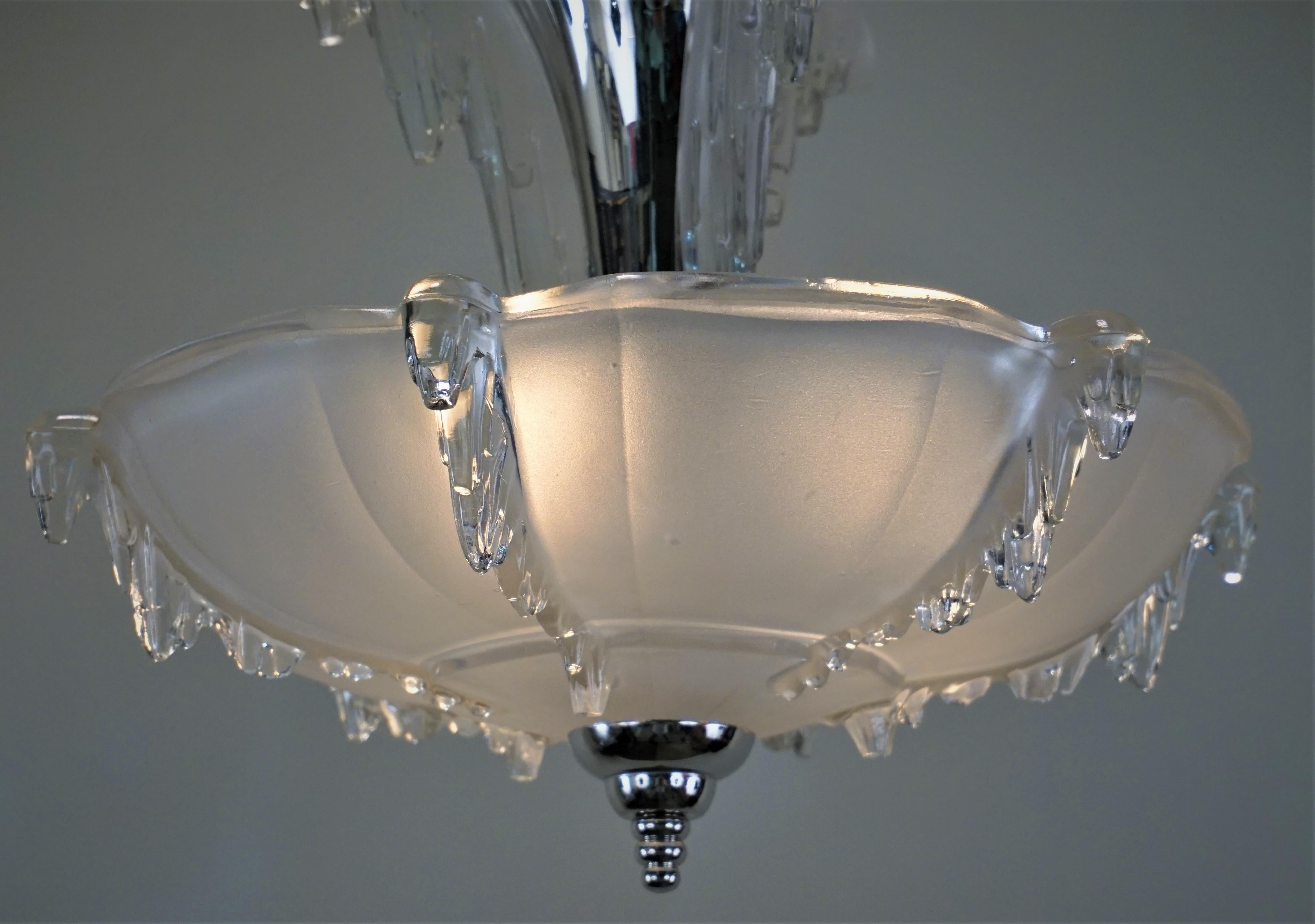 Clear Frost glass with polished nickel on bronze pendant, chandelier by Ezan.