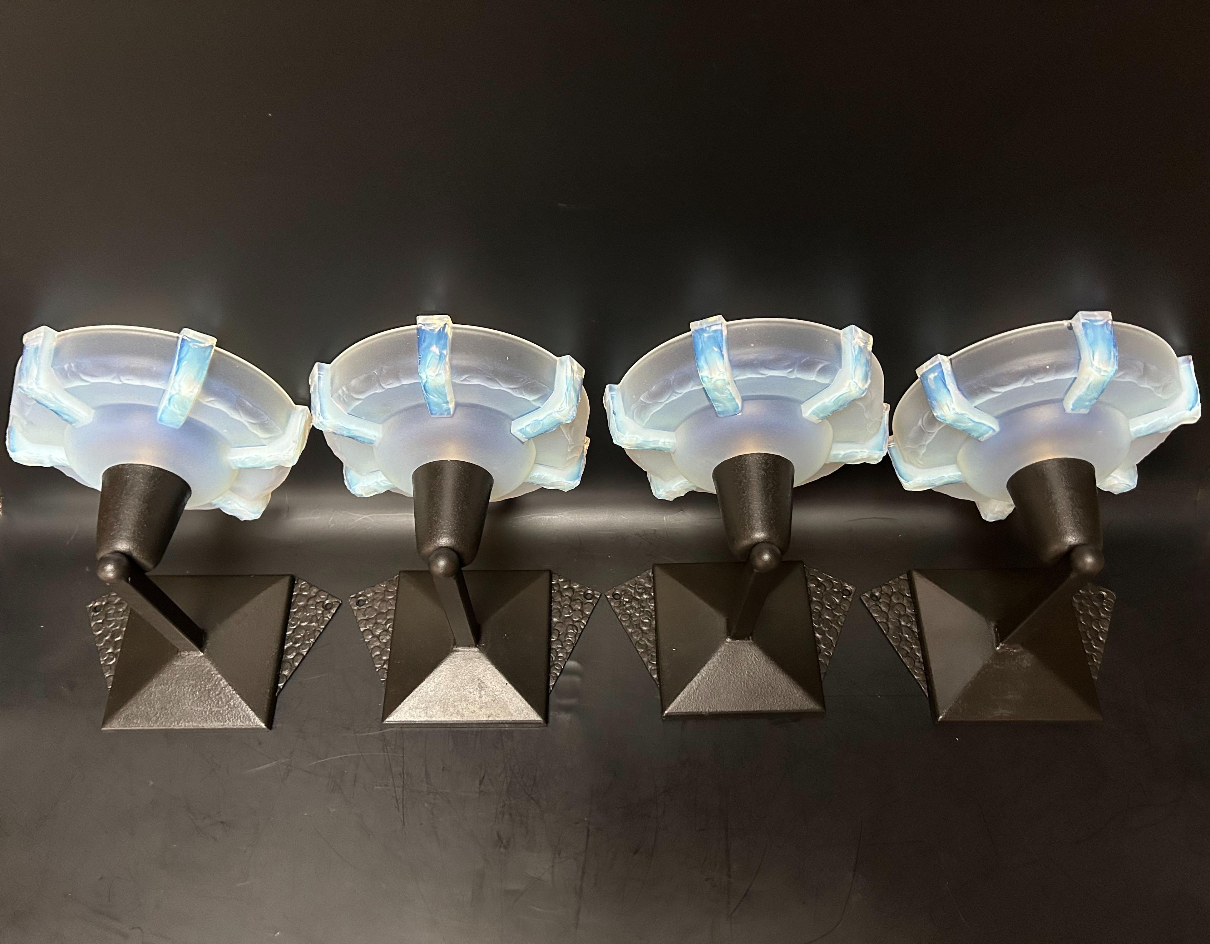 French Ezan Art Deco Wall Lights Opalescent Glass For Sale