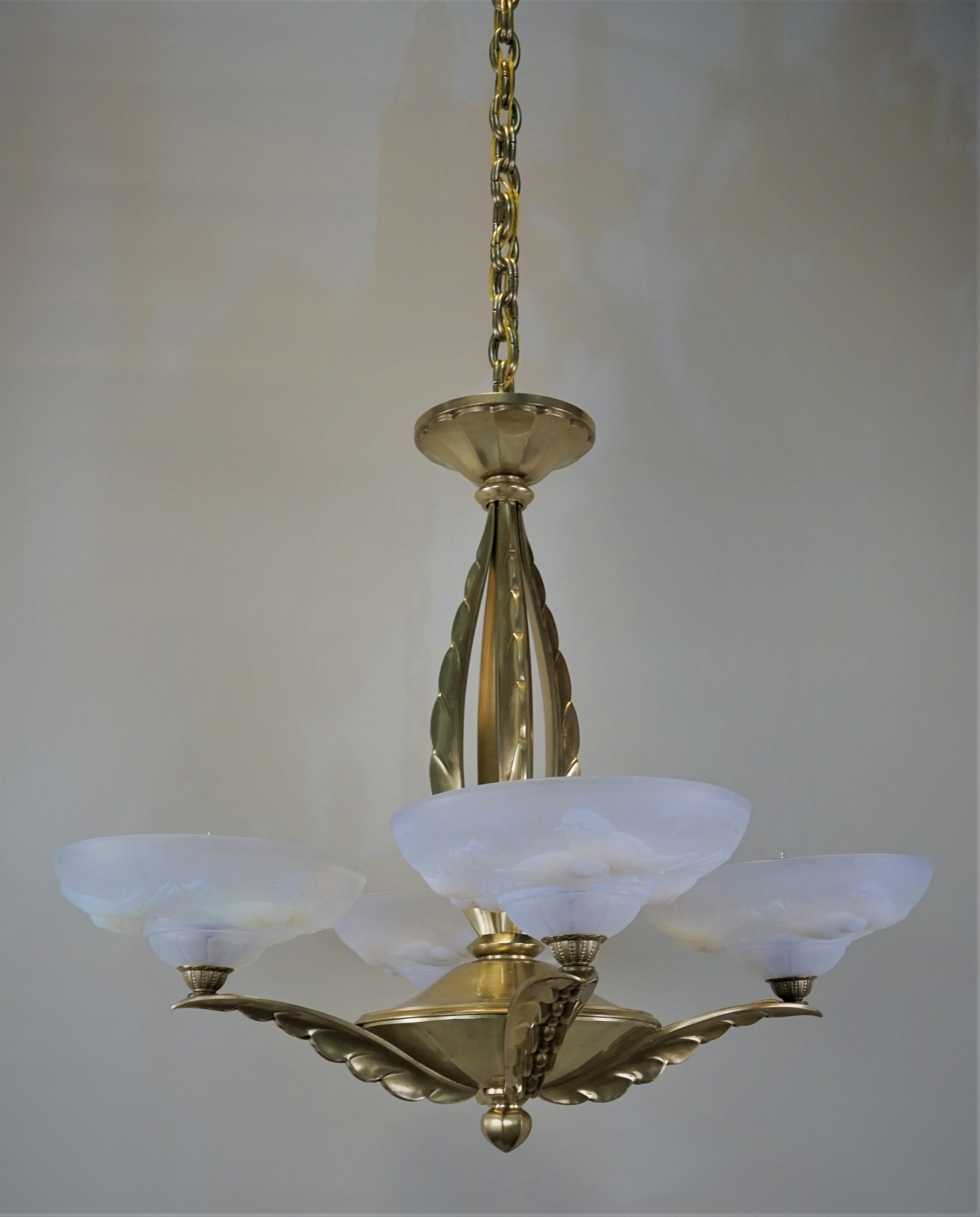 Ezan & Petitot Opalescent Glass and Bronze Chandelier 8