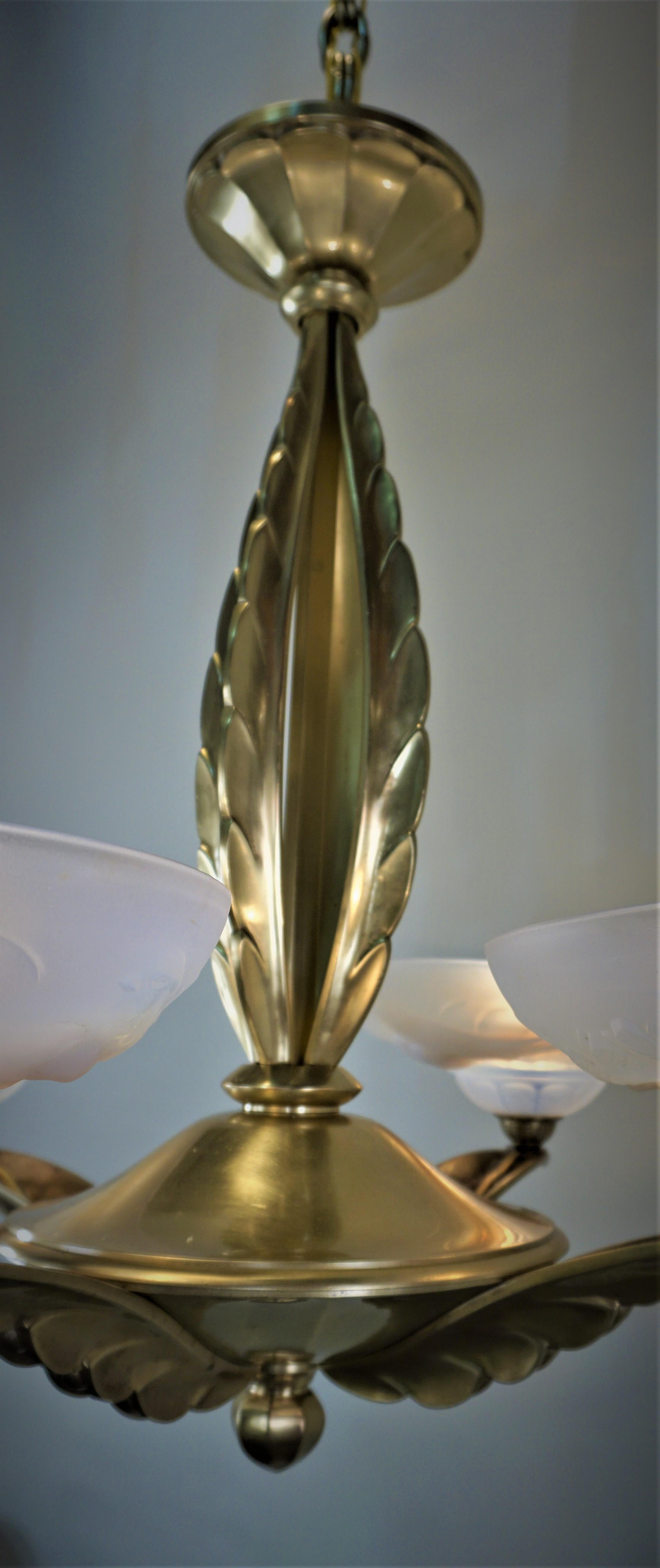 Ezan & Petitot Opalescent Glass and Bronze Chandelier 2