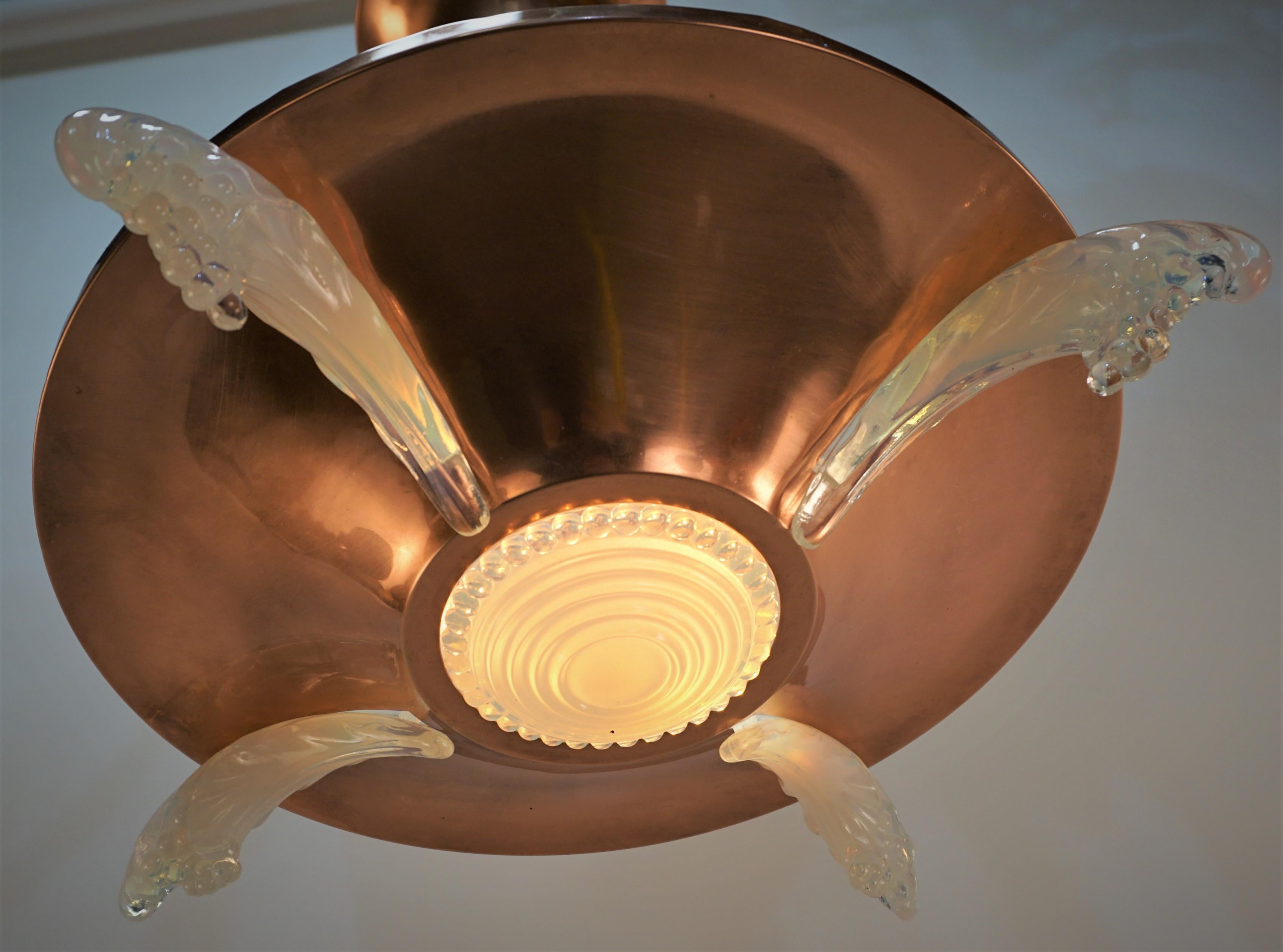 Copper Ezan & Petitot Opalescent Glass Art Deco Chandelier For Sale